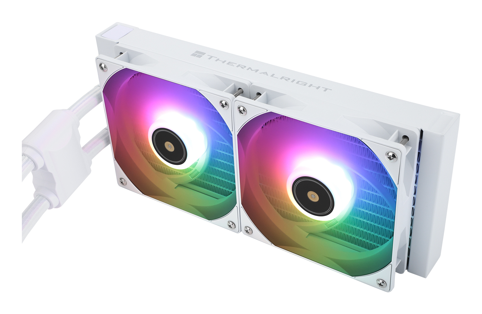Weißer CPU-Kühler mit zwei Lüftern. Jeder Lüfter leuchtet in Regenbogenfarben. Die Marke THERMALRIGHT steht auf dem Kühler.