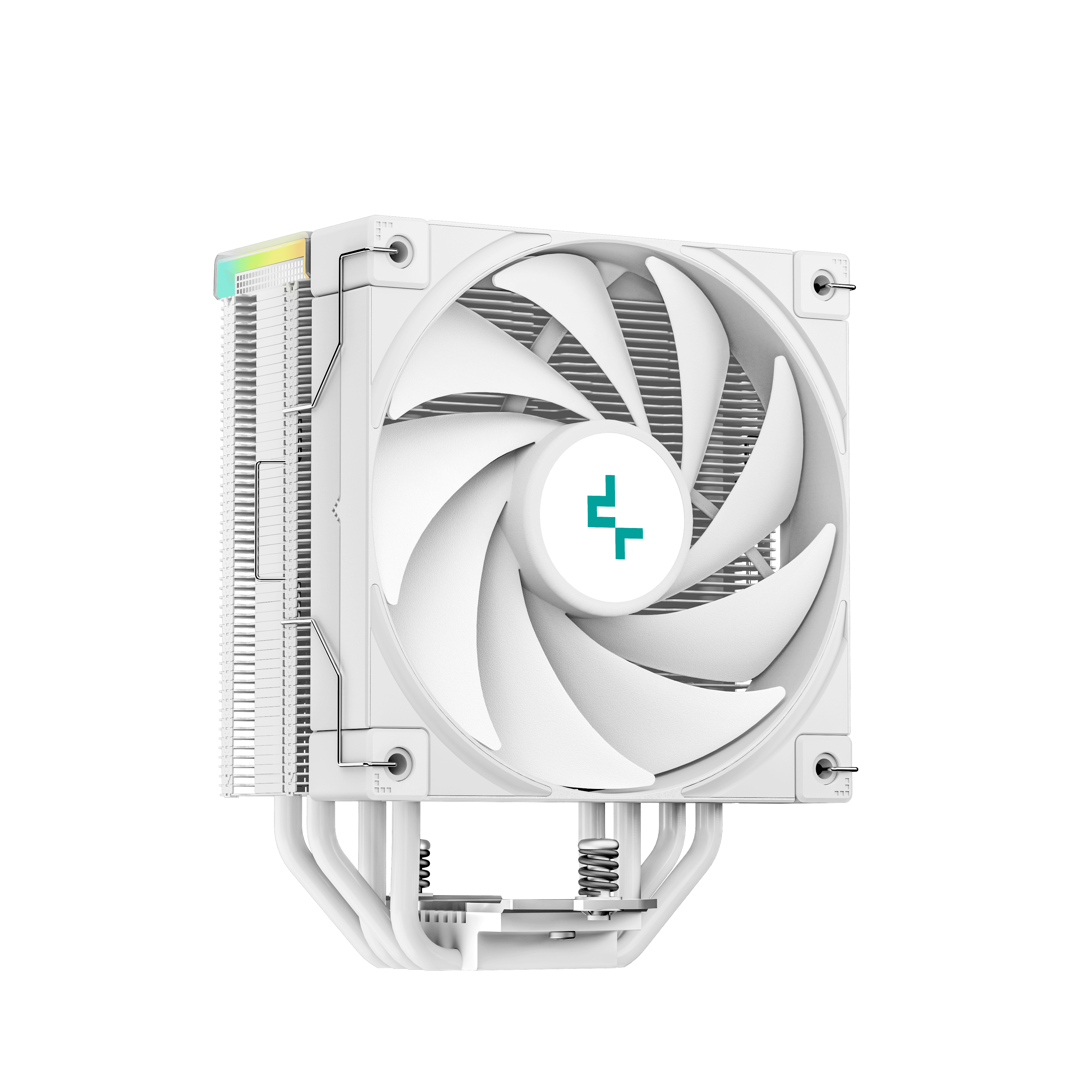 White CPU cooler with a fan and heat sink fins. It has a logo in the center.