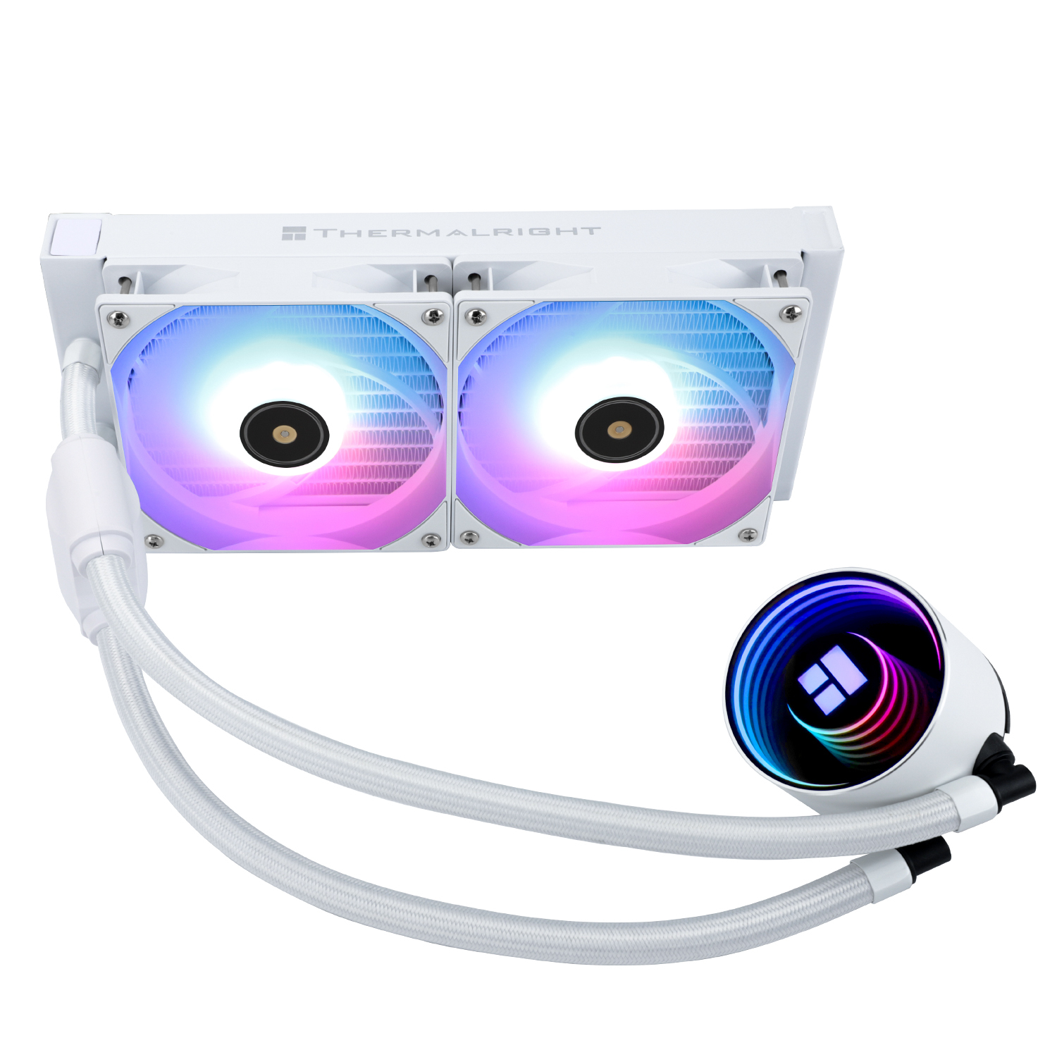 Weißes Computer-Kühlsystem mit zwei Lüftern und einer runden Pumpe. Lüfter haben Regenbogenlichter. Schläuche verbinden die Teile.