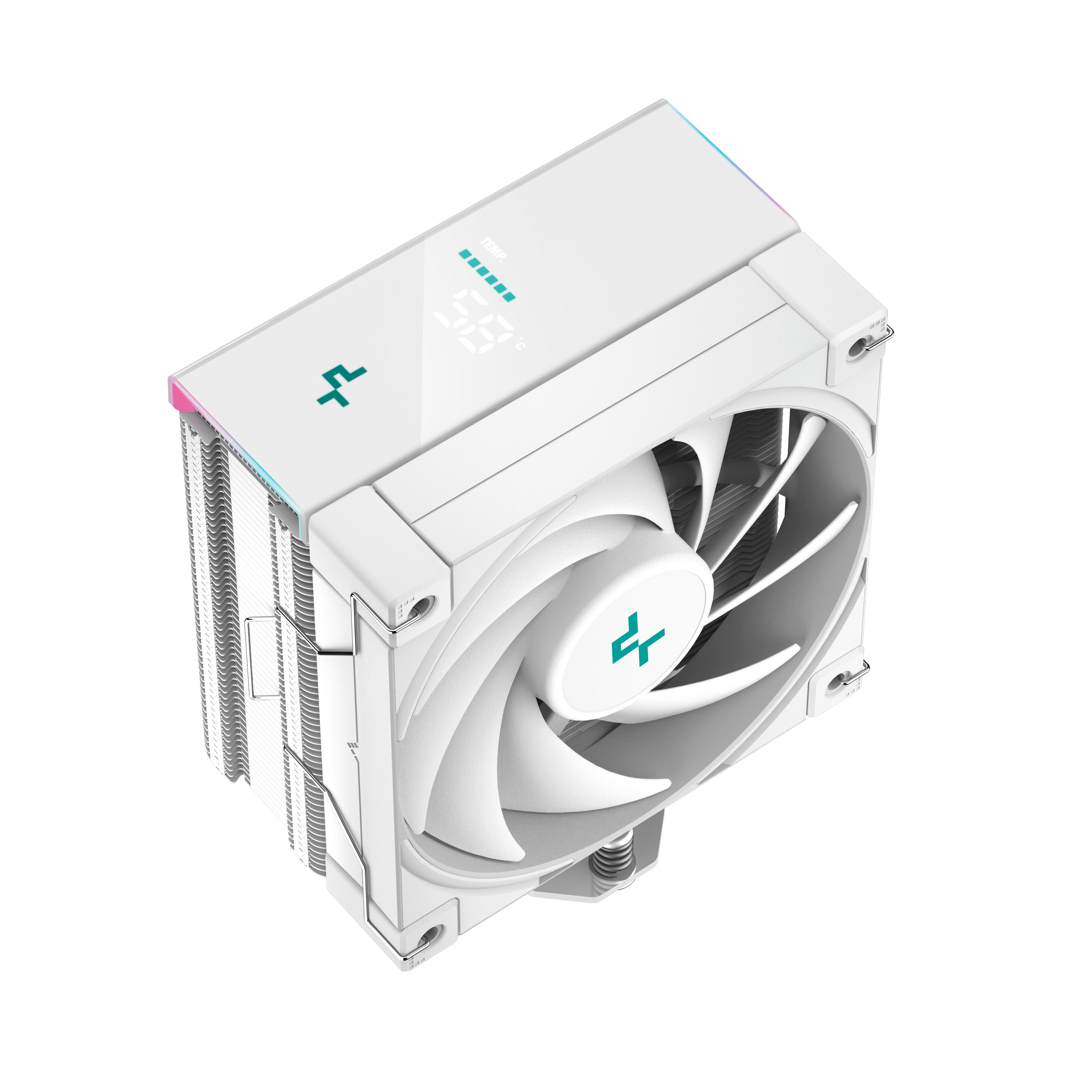 White CPU cooler with fan. Features a digital display showing temperature. Teal logos and accents are visible.