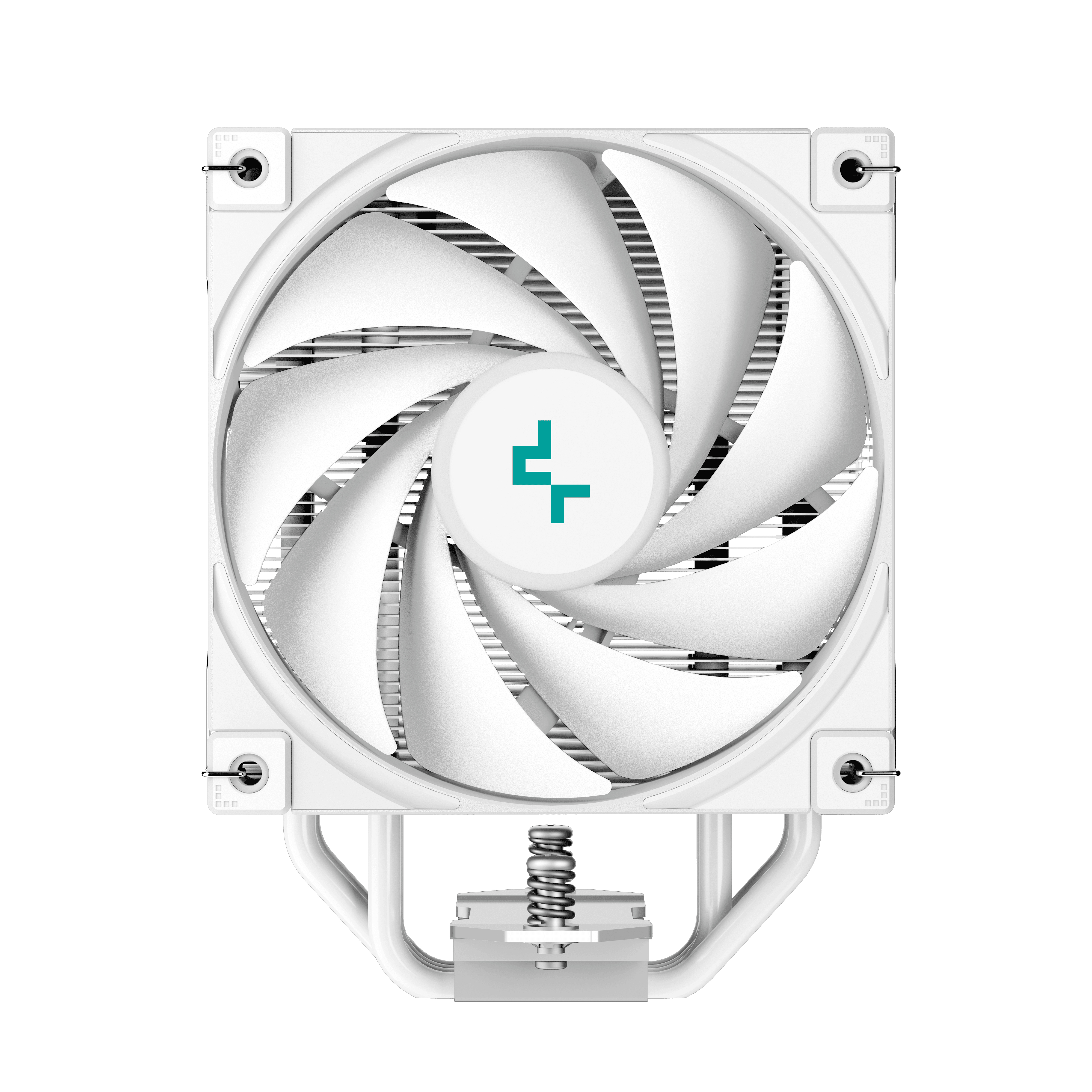 White CPU cooler with fan blades. Has a teal logo in the center. Metal fins and spring are visible.