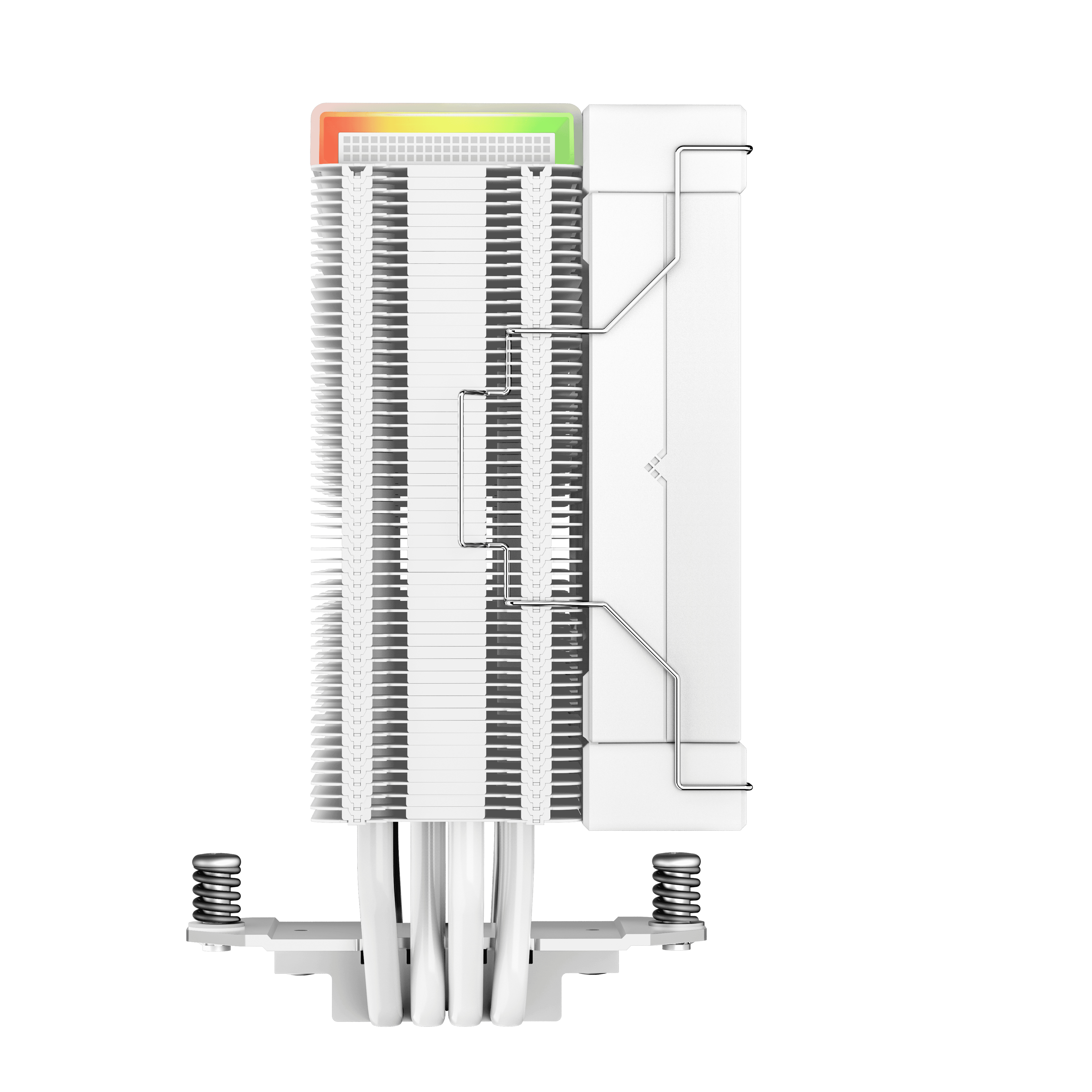 A white CPU cooler with fins, pipes, and springs. It features a color-changing top and is set against a white background.