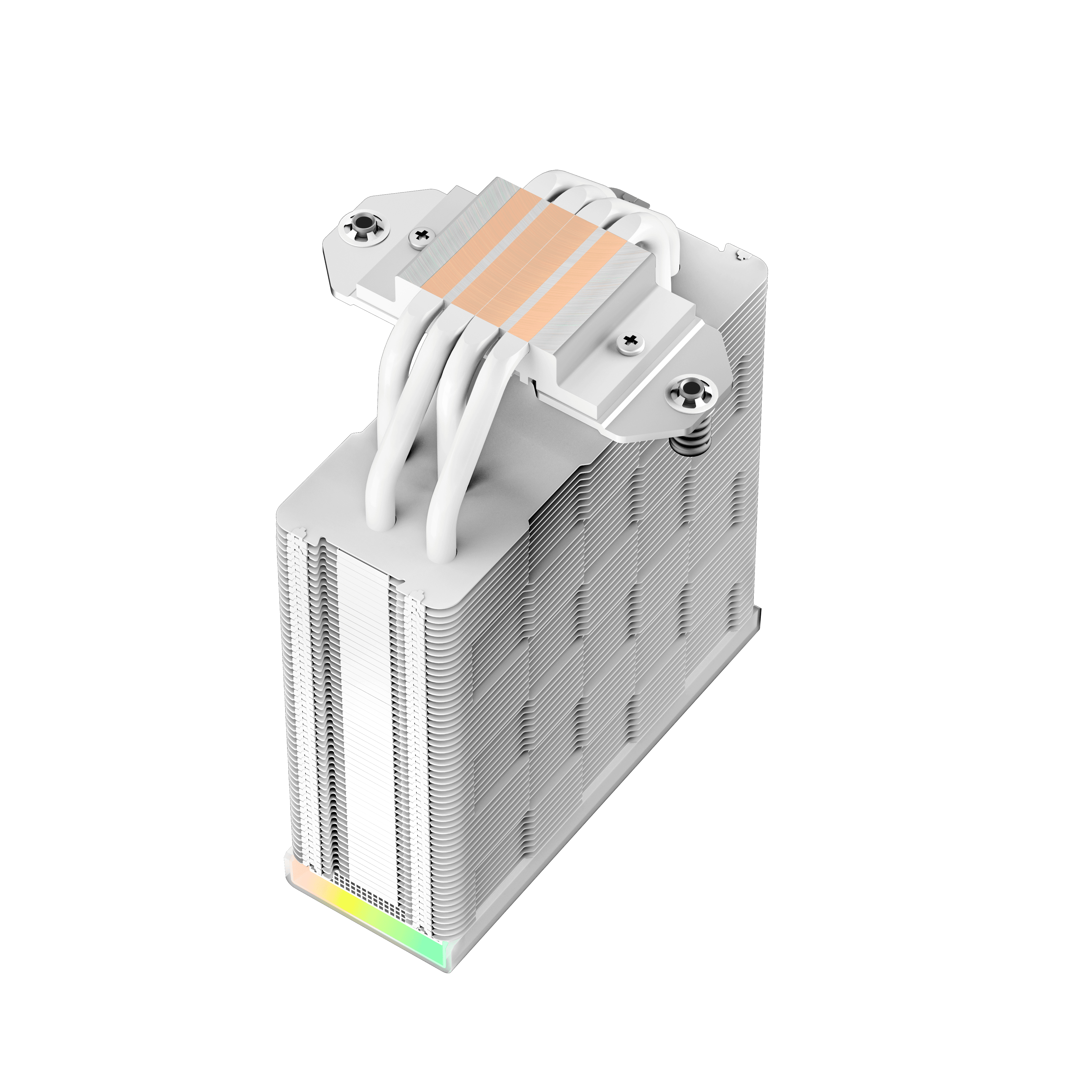 A white CPU cooler with copper heat pipes and fins. The cooler is on a white background.