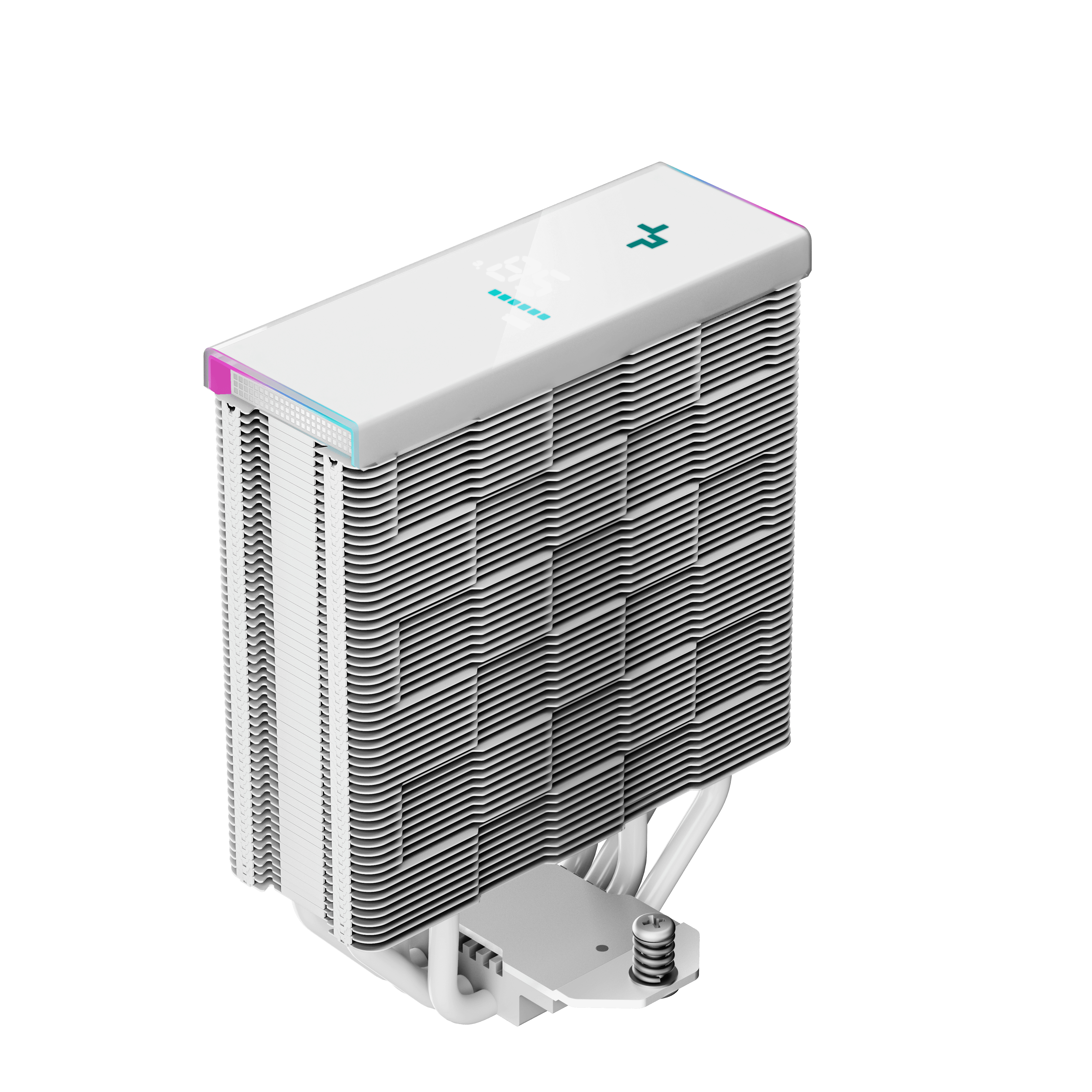 A white CPU cooler with a stack of fins, a white top with a logo, and a mounting bracket.