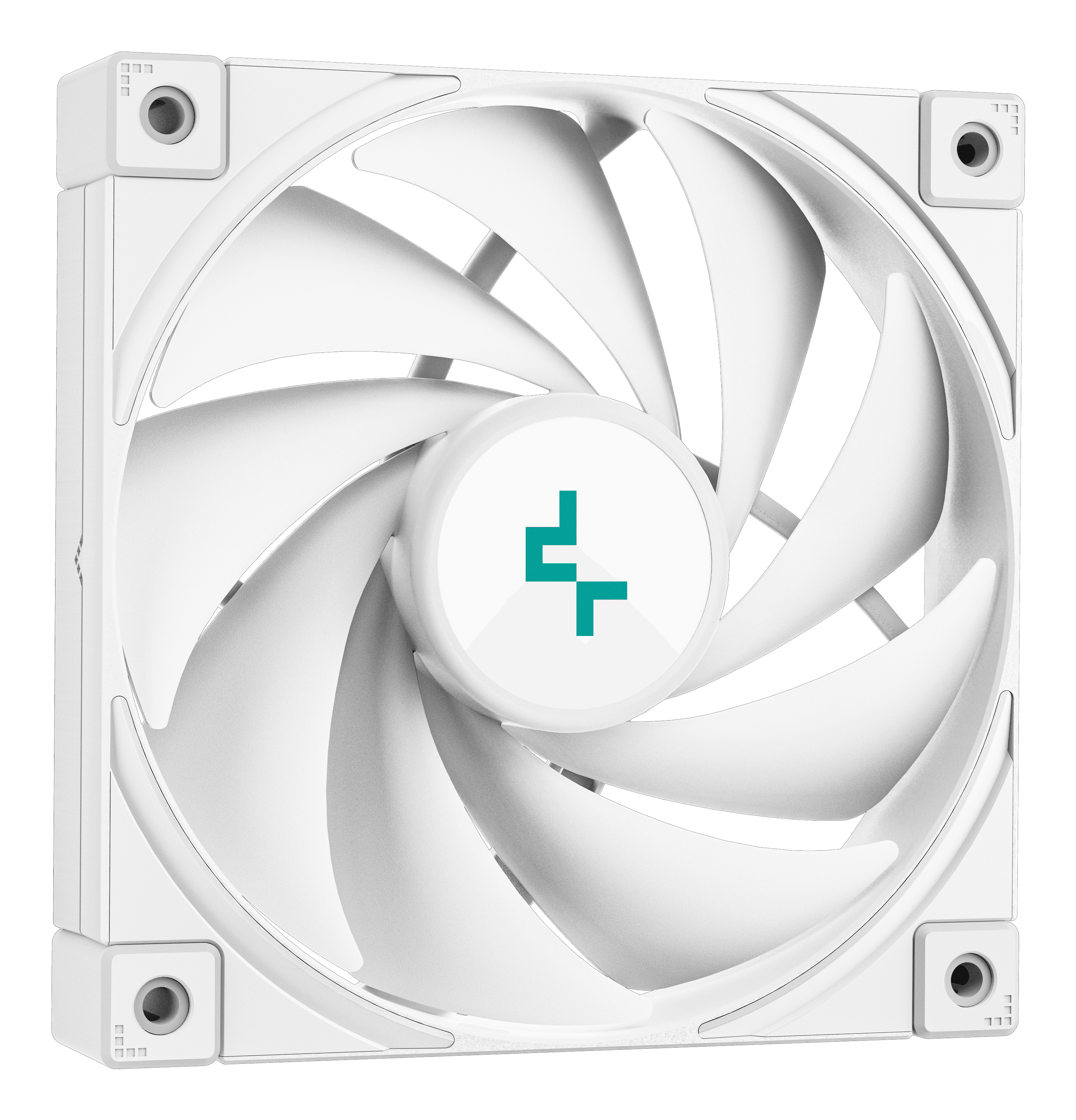 White computer fan with curved blades. It has a central logo and mounting squares at the corners.