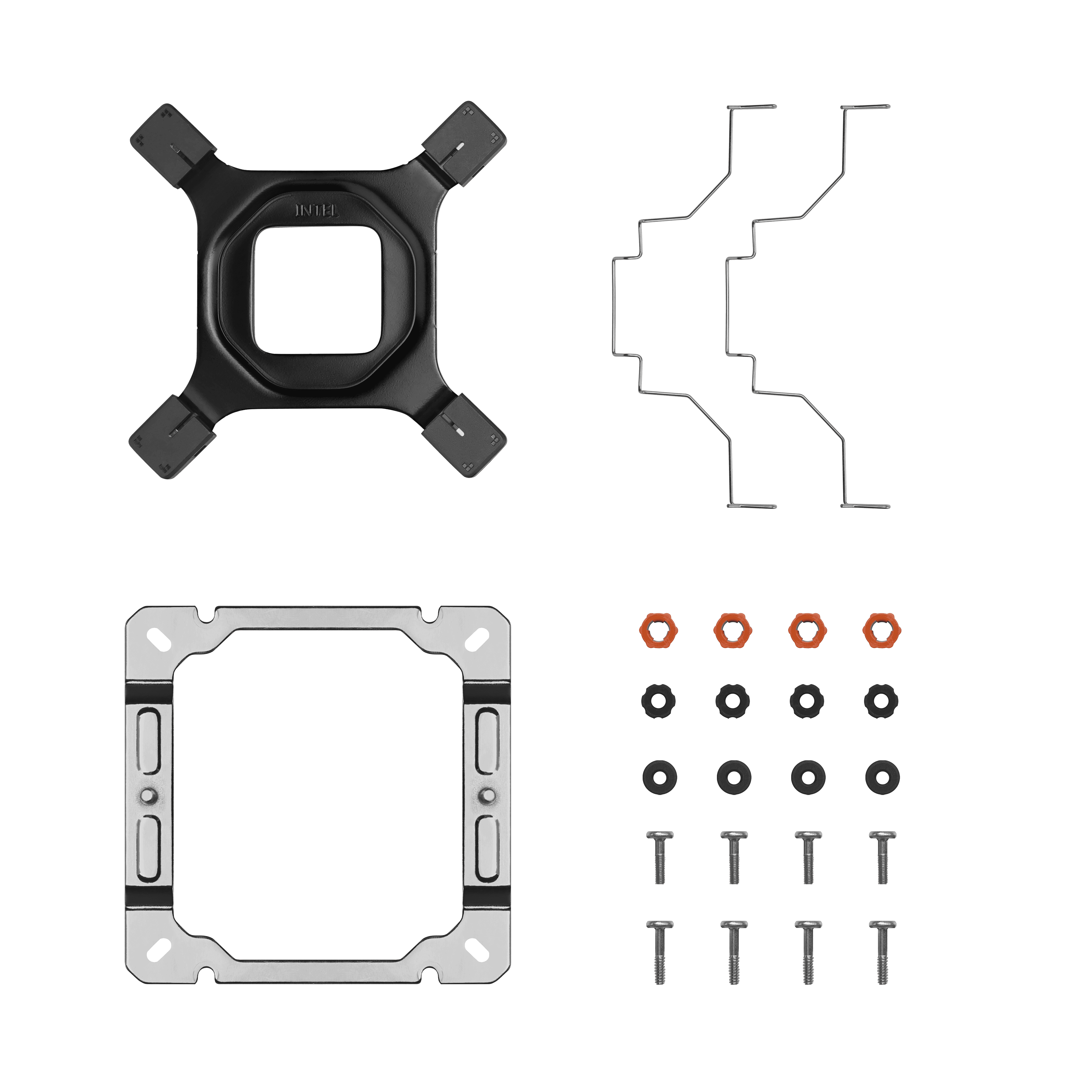 Image shows PC hardware components: brackets, screws, nuts, and metal frame. Components are black, silver, and orange against a white background.