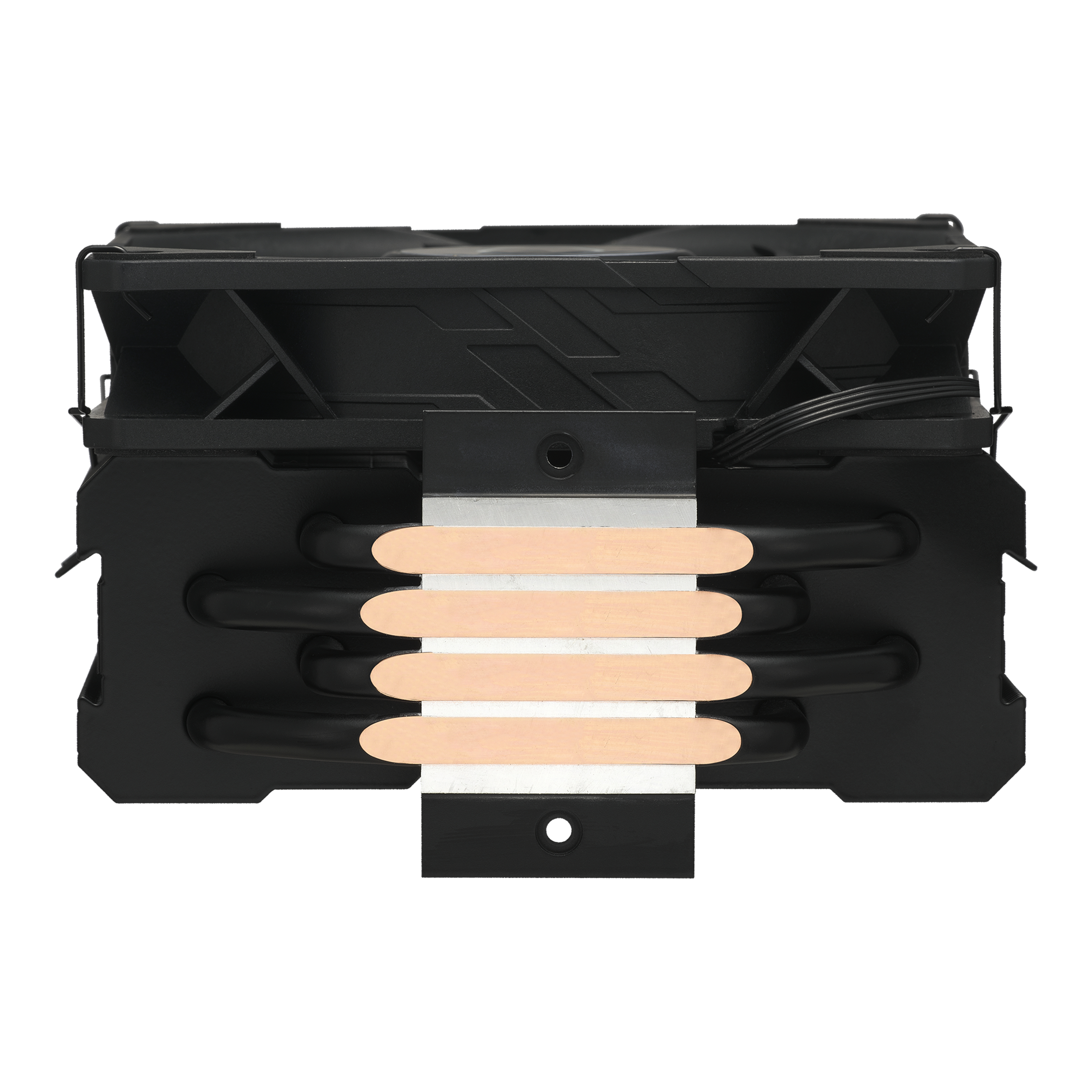 Czarny cooler CPU z rurkami cieplnymi i żeberkami na białym tle, przeznaczony do komputerów.