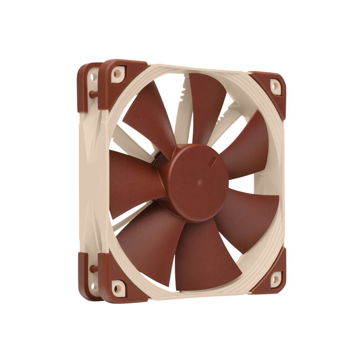 Una ventola per computer con pale marroni e telaio beige. L'hub centrale e gli angoli sono marroni. Lo sfondo è bianco.