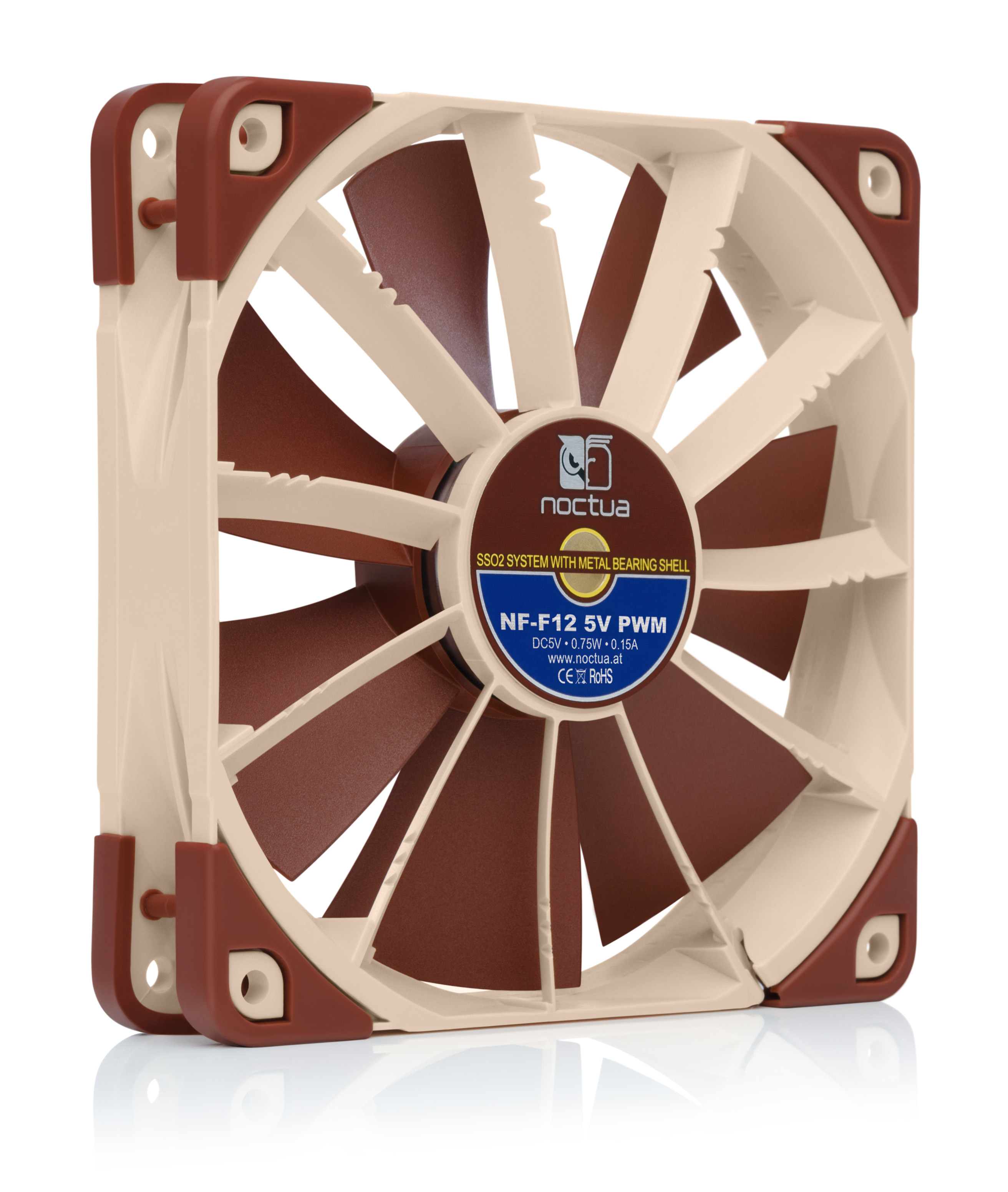 Una ventola per computer con pale marroni e beige. Ha una cornice marrone e un'etichetta al centro.