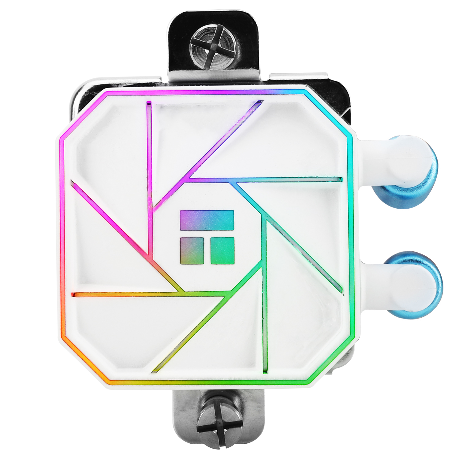 Ein weißes Computer-Kühlungs-Bauteil mit farbigen LED-Akzenten und zwei blau umrandeten Anschlüssen. Es hat ein geometrisches Design und Schrauben.