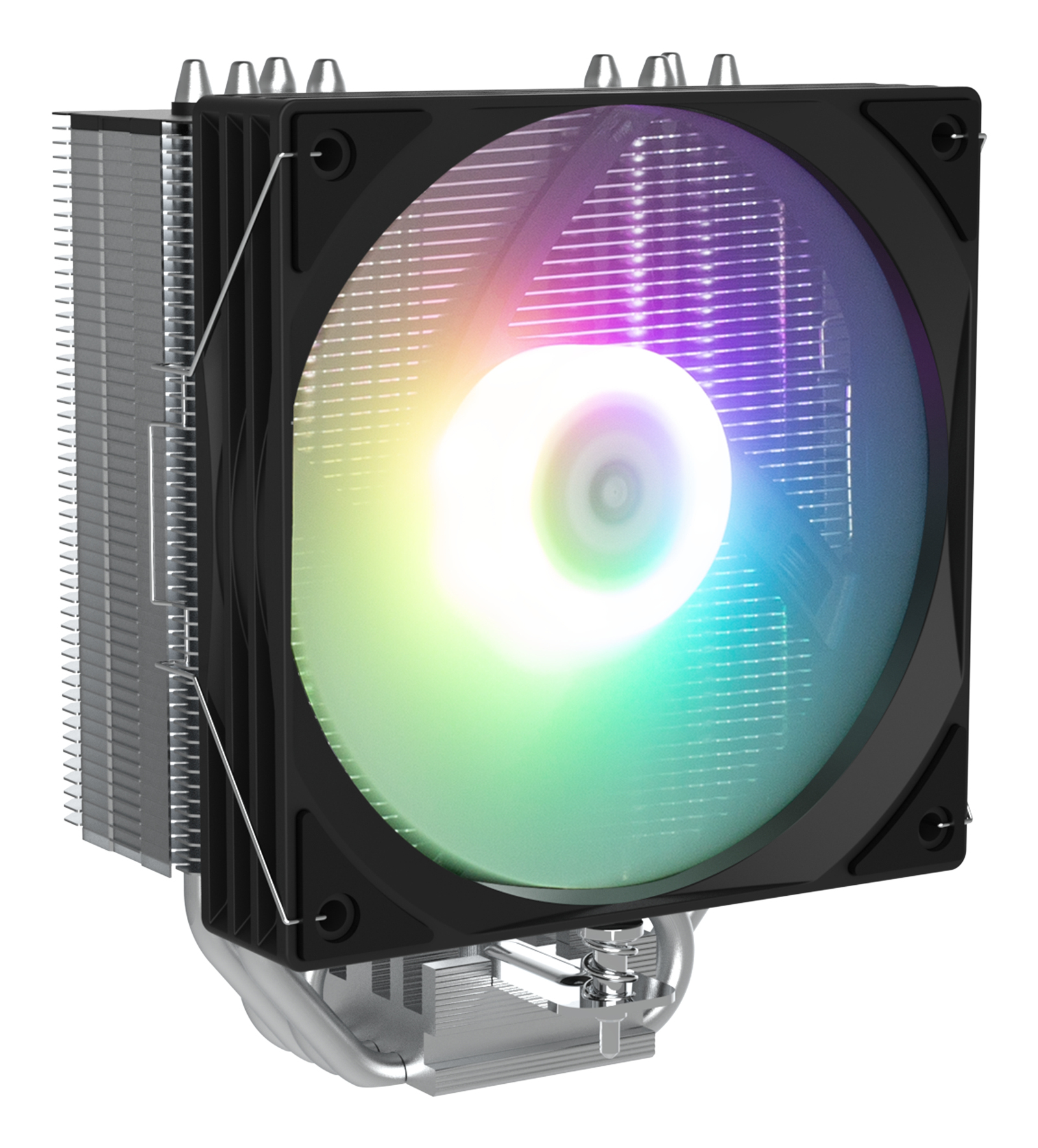 Siyah çerçeveli, gümüş kanatlı ve gökkuşağı renkleri gösteren bir fanlı bilgisayar CPU soğutucusu.