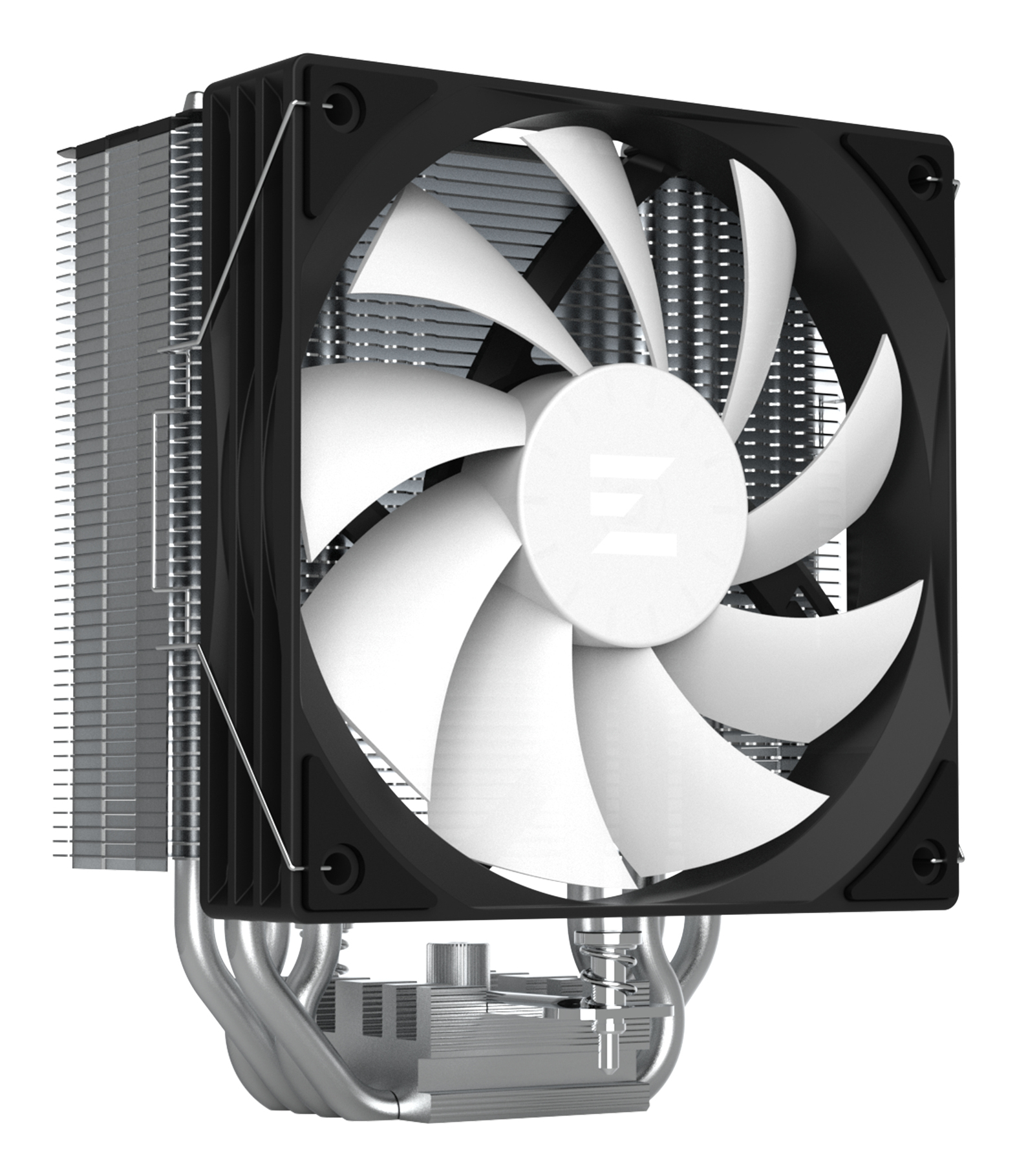 Beyaz fan kanatları ve merkezi bir logo ile siyah ve gümüş bir bilgisayar CPU soğutucusu.