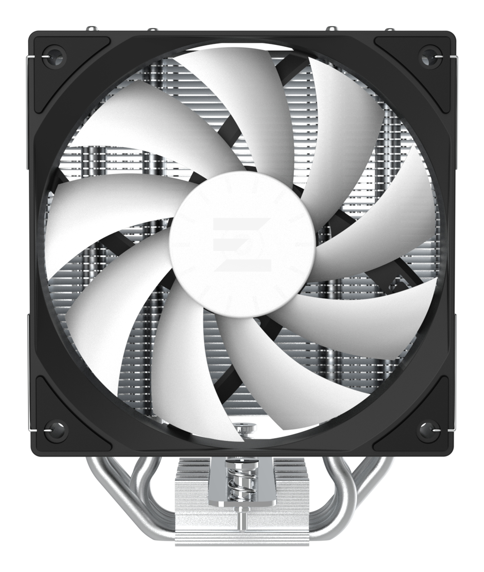Siyah çerçeveli, beyaz fan kanatlı ve gümüş renkli soğutucuya sahip bir CPU soğutucusu. Ortasında bir logo var.