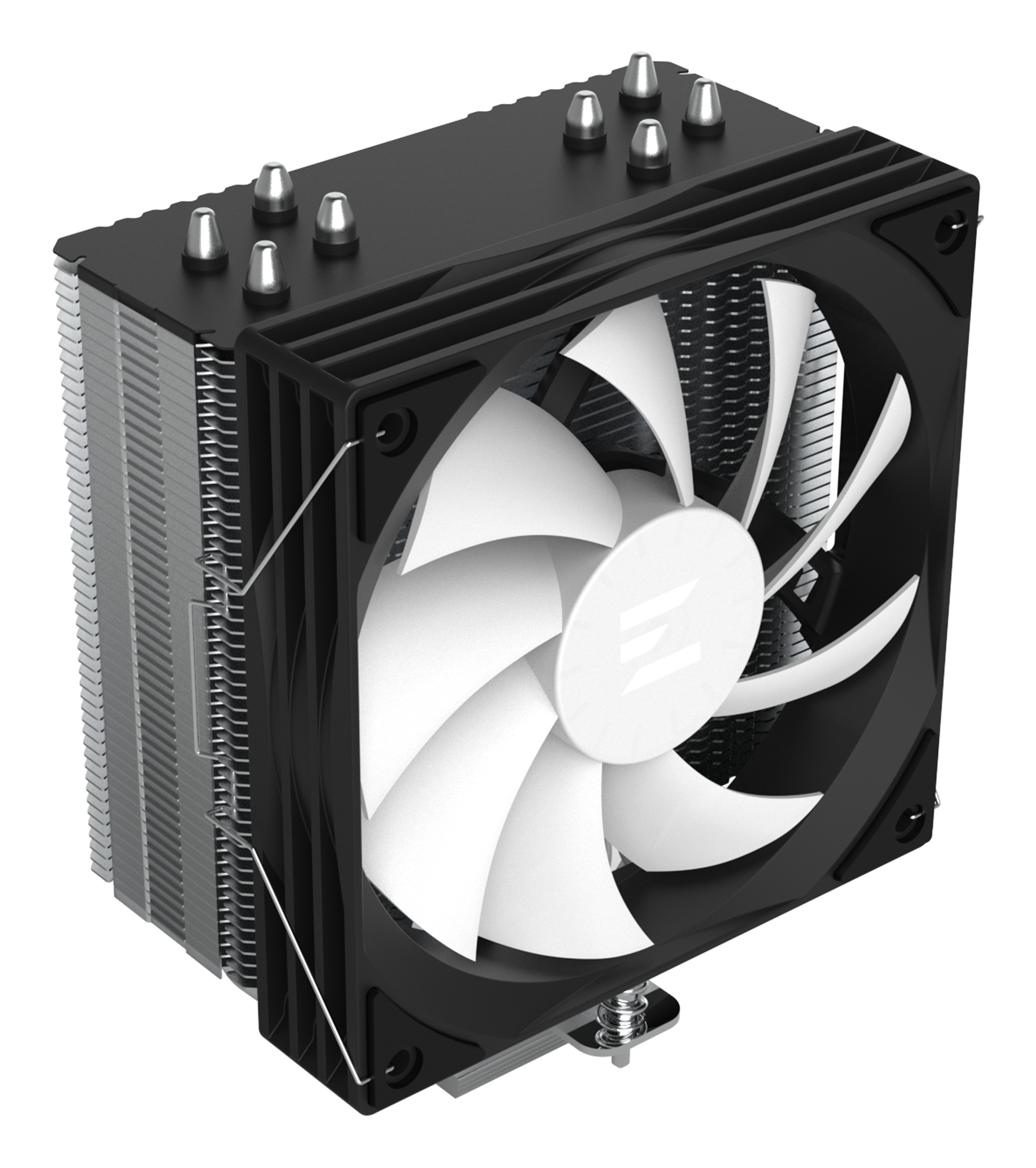 Siyah çerçeveli, gümüş kanatlı ve beyaz fan kanatlı bilgisayar CPU soğutucusu. Fanda beyaz bir logo var.