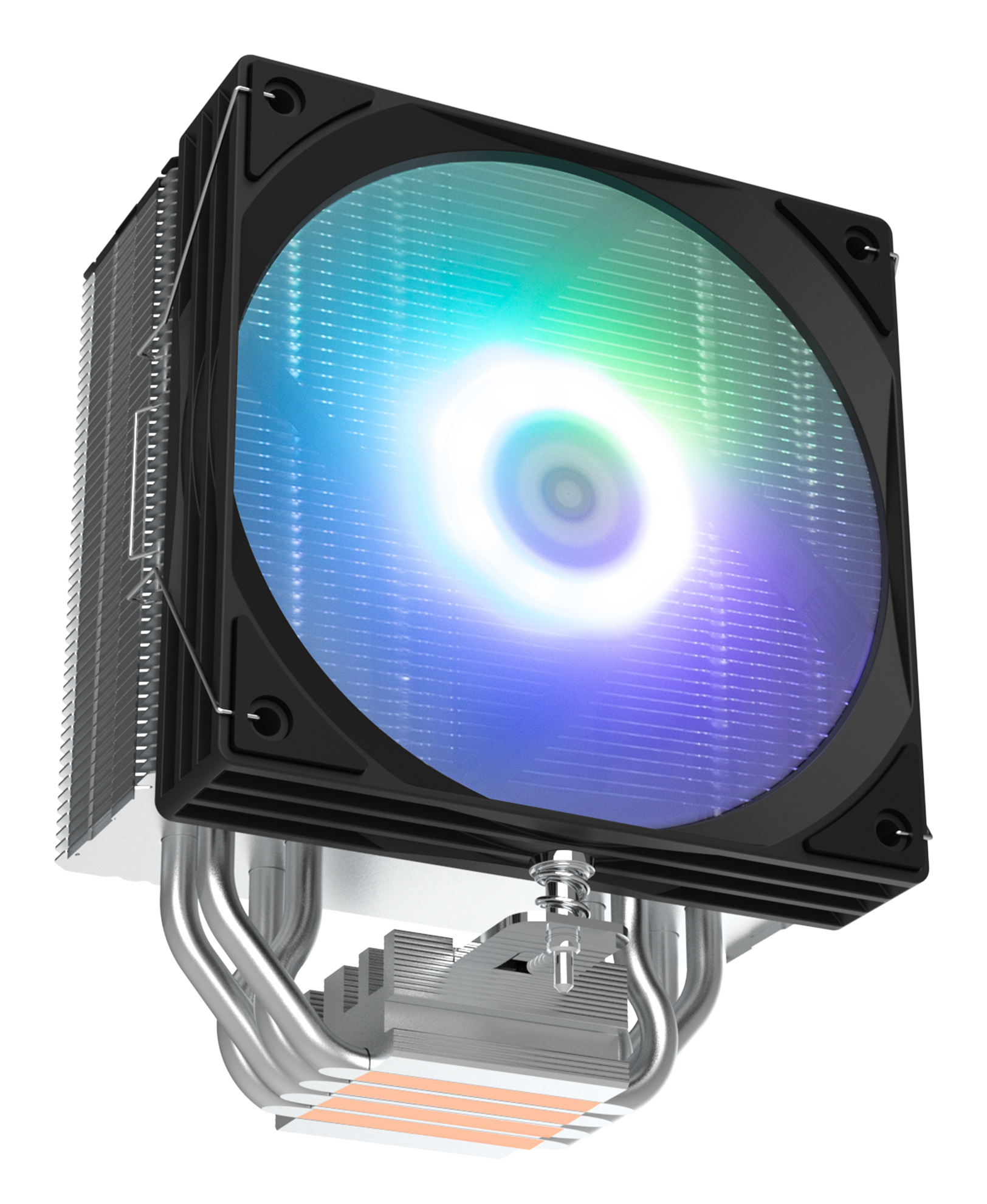 Siyah çerçeveli ve renkli fanlı bir bilgisayar CPU soğutucusu. Gümüş borular ve bir soğutucu görülüyor.