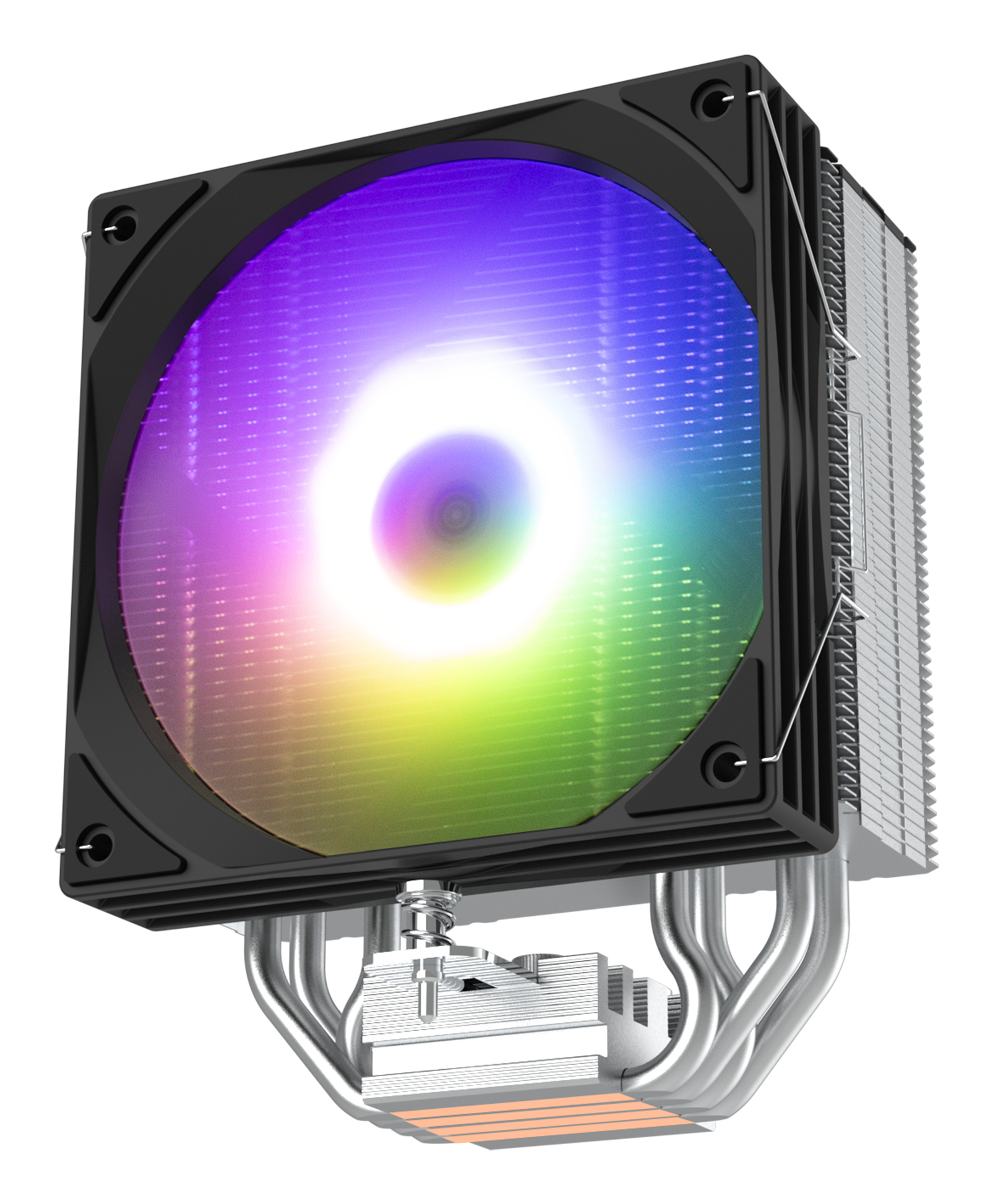 Siyah fan yuvasına, gökkuşağı renkli ışığa ve gümüş metal bileşenlere sahip bir CPU soğutucusu.