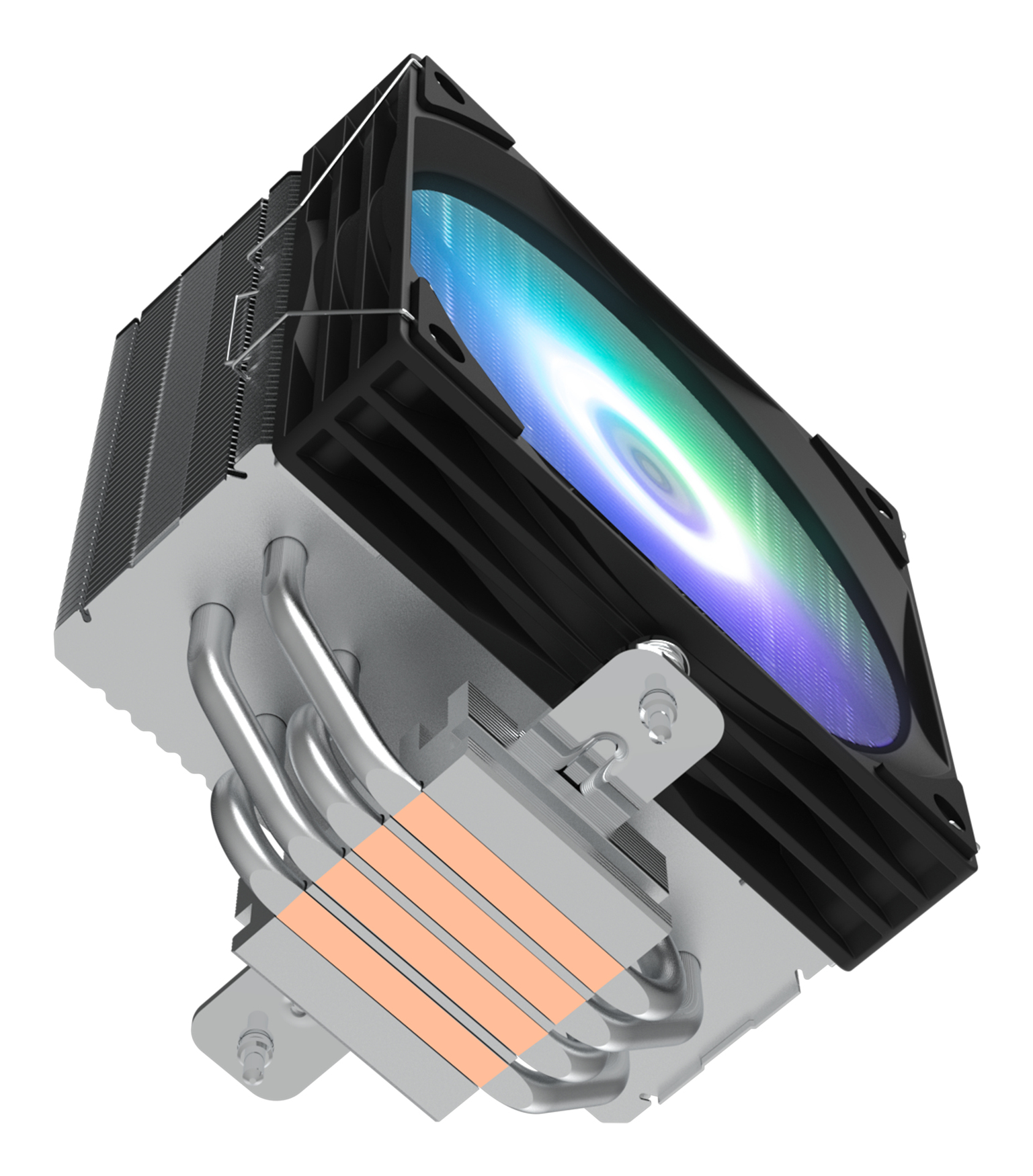 Bir bilgisayar CPU soğutucusu. Siyah fan, gümüş ısı boruları ve bakır temaslı gümüş ısı emiciye sahip.