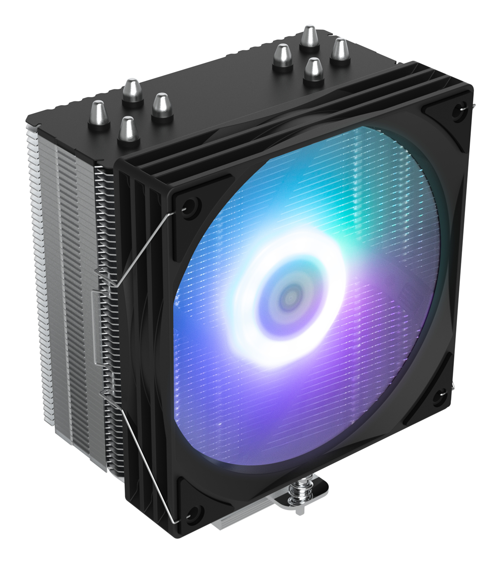 Bilgisayar CPU soğutucusu. Siyah çerçeve ve renkli ışıklara sahip fanı vardır. Gümüş renkli soğutucu ve metal pimler görülebilir.