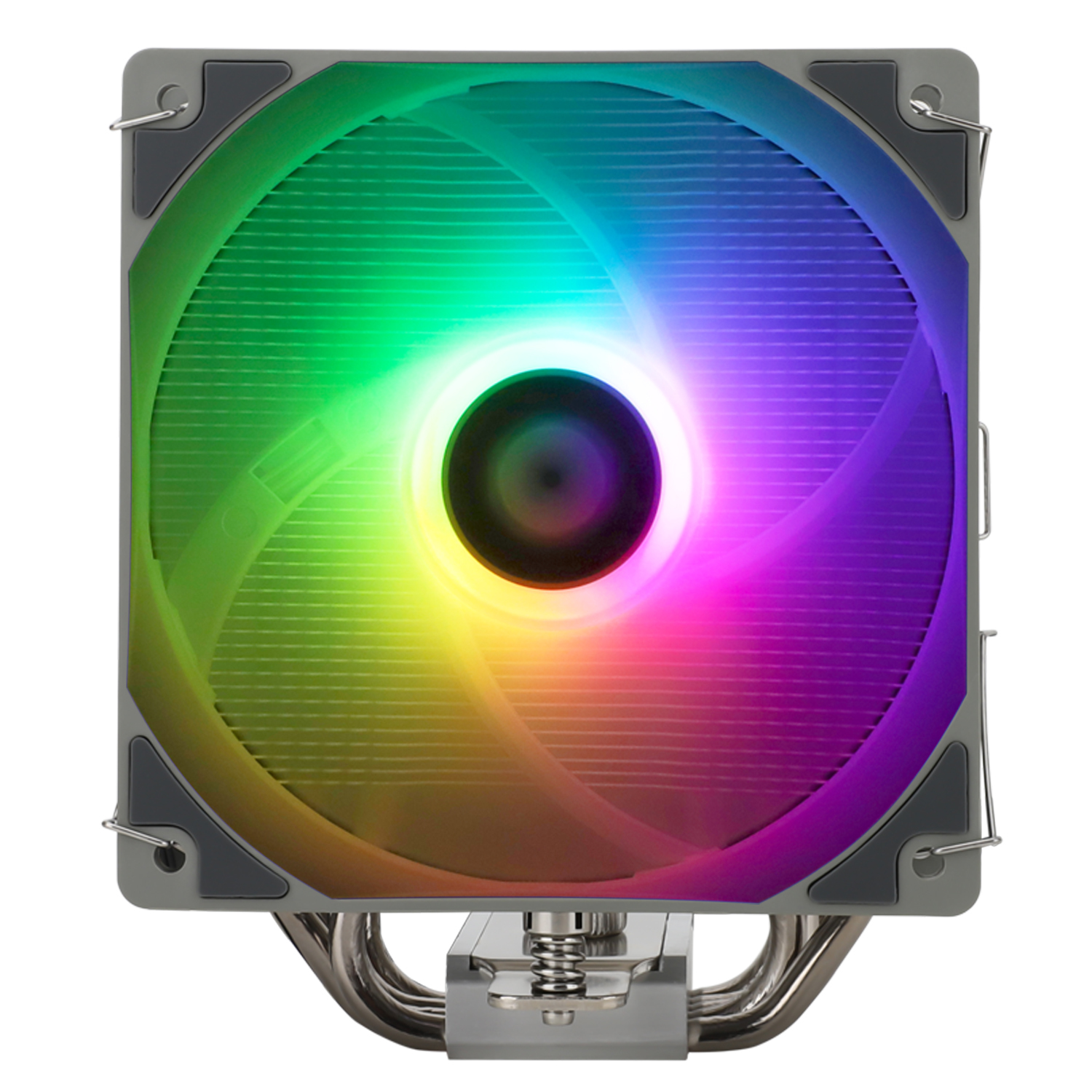 Un enfriador de CPU con un ventilador de arcoíris. Tiene un cubo central oscuro y tubos de calor metálicos.