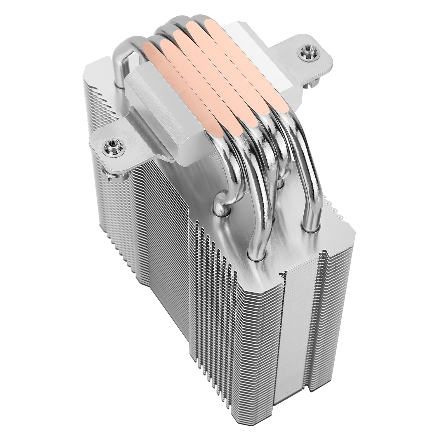 Un enfriador de CPU plateado con tubos de calor de cobre. El enfriador tiene una pila de aletas y soportes de montaje. El fondo es blanco.