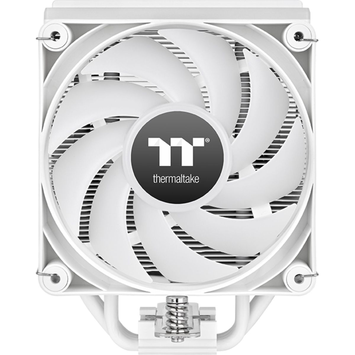 A white computer fan with a black and white Thermaltake logo in the center. Blades and frame are white.