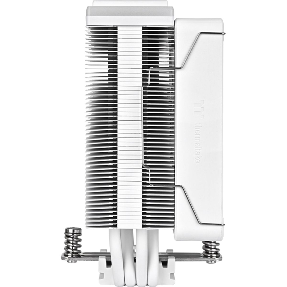 A white Thermaltake CPU cooler. It has many thin, horizontal fins and a white rectangular side with the brand name. Springs are visible.