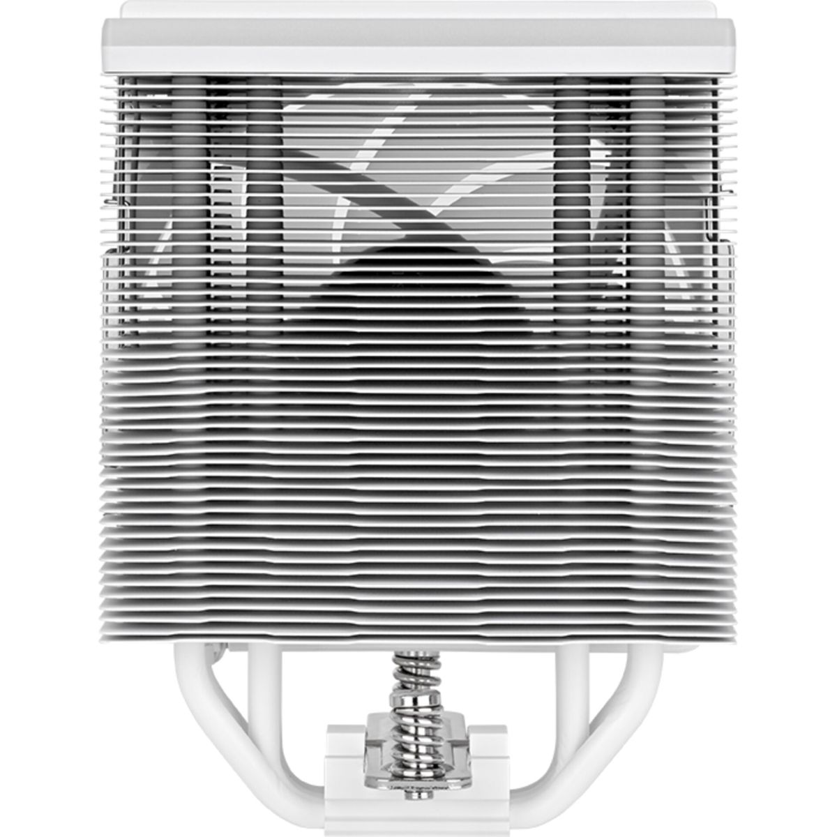A white CPU cooler with multiple horizontal fins. It has a fan inside. The base has a spring and mounting bracket.