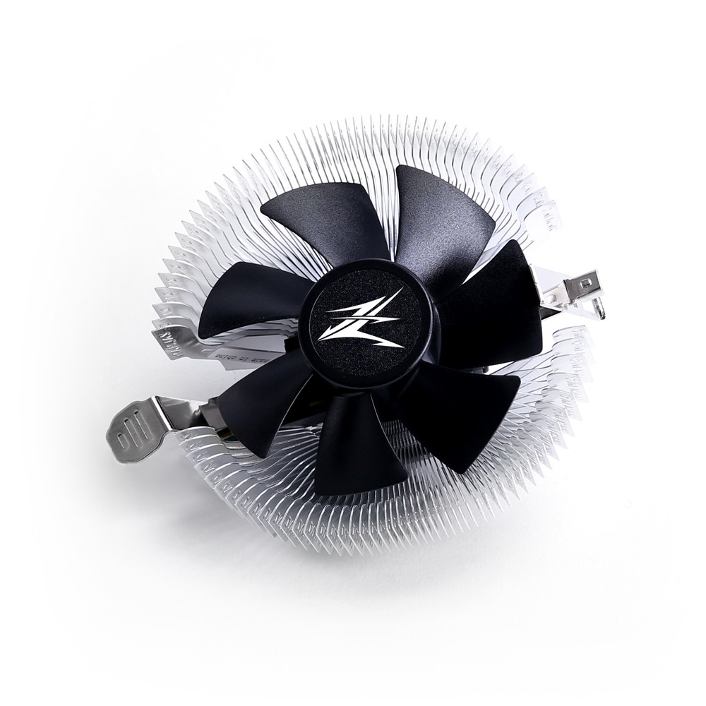 Un dissipatore CPU con pale nere e dissipatore argento. Il centro ha un logo. Sfondo bianco.