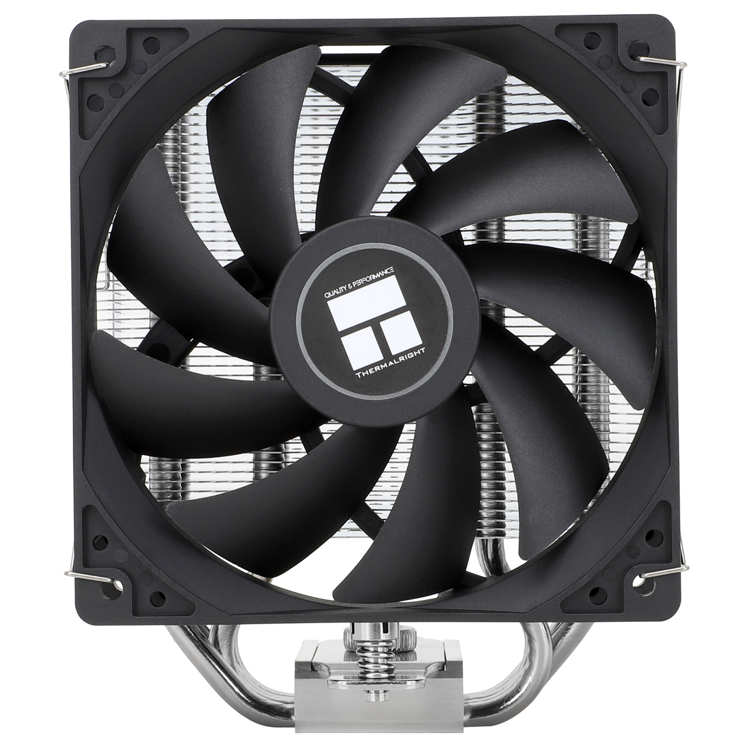 A black computer fan with seven blades, a silver heat sink, and a central logo. The fan is square and has a metal frame.