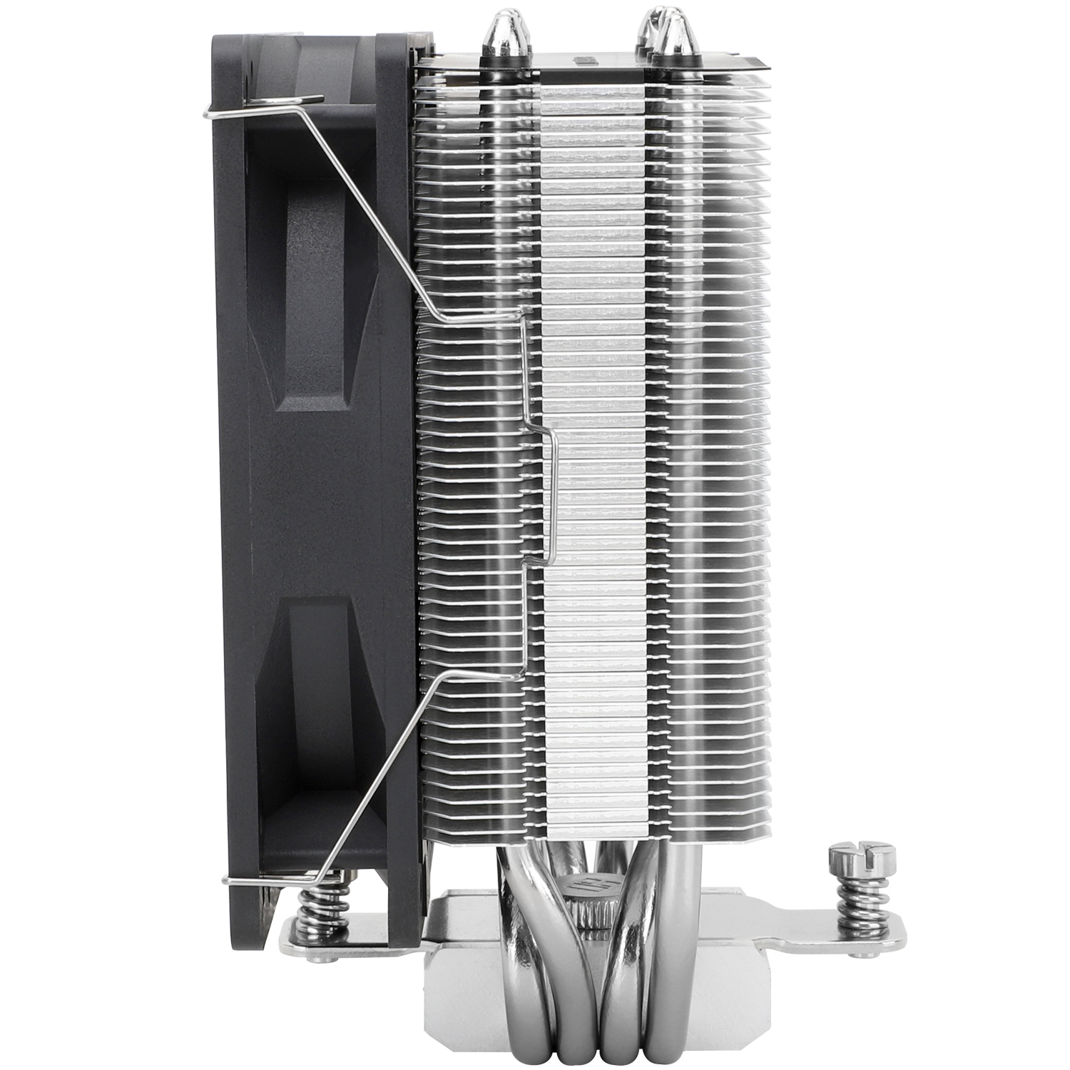 A computer CPU cooler with a black fan on the left and metal fins and pipes in the center, against a white background.