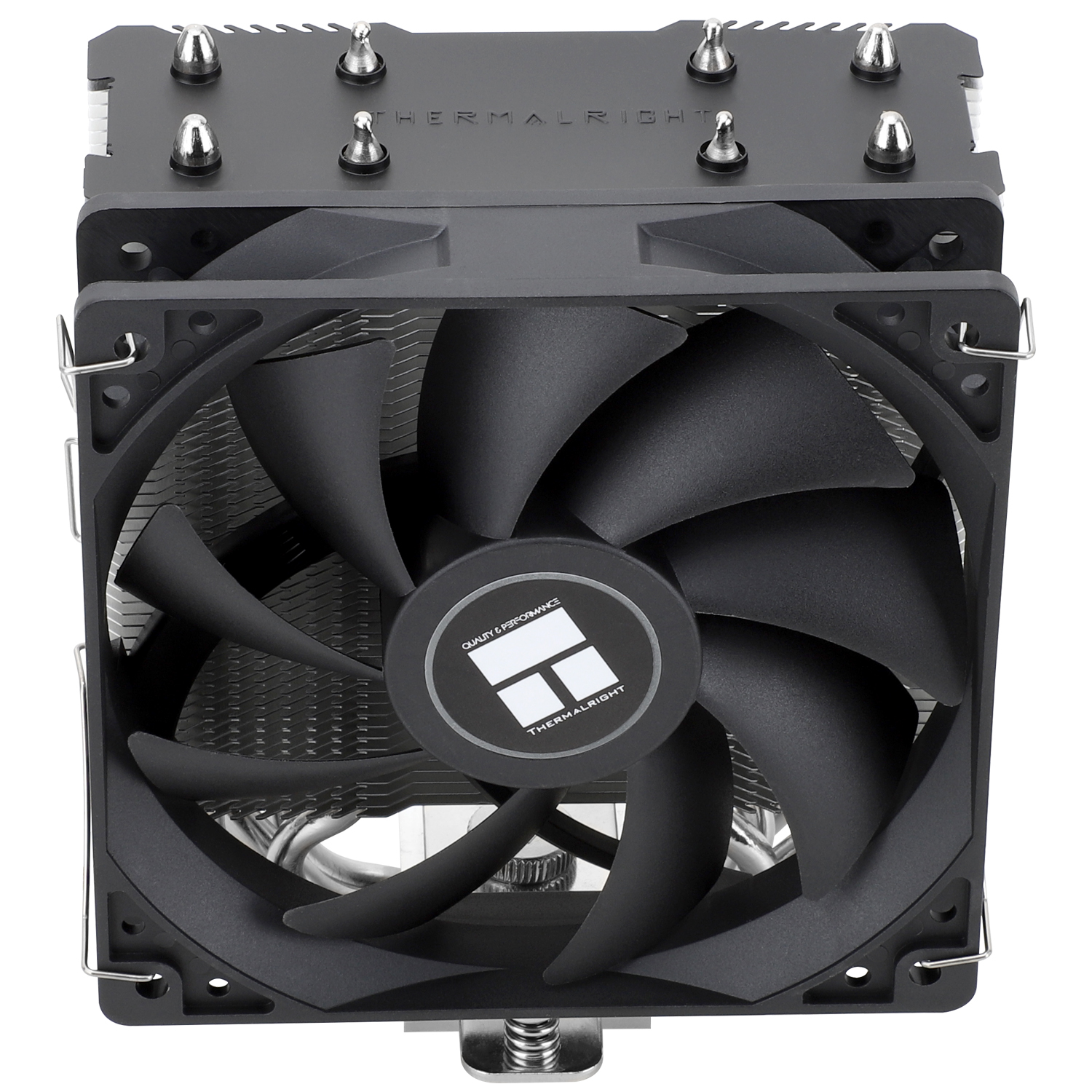 Black CPU cooler with fan. The fan has curved blades. Silver accents and brand logo are visible. The cooler has fins and screws.