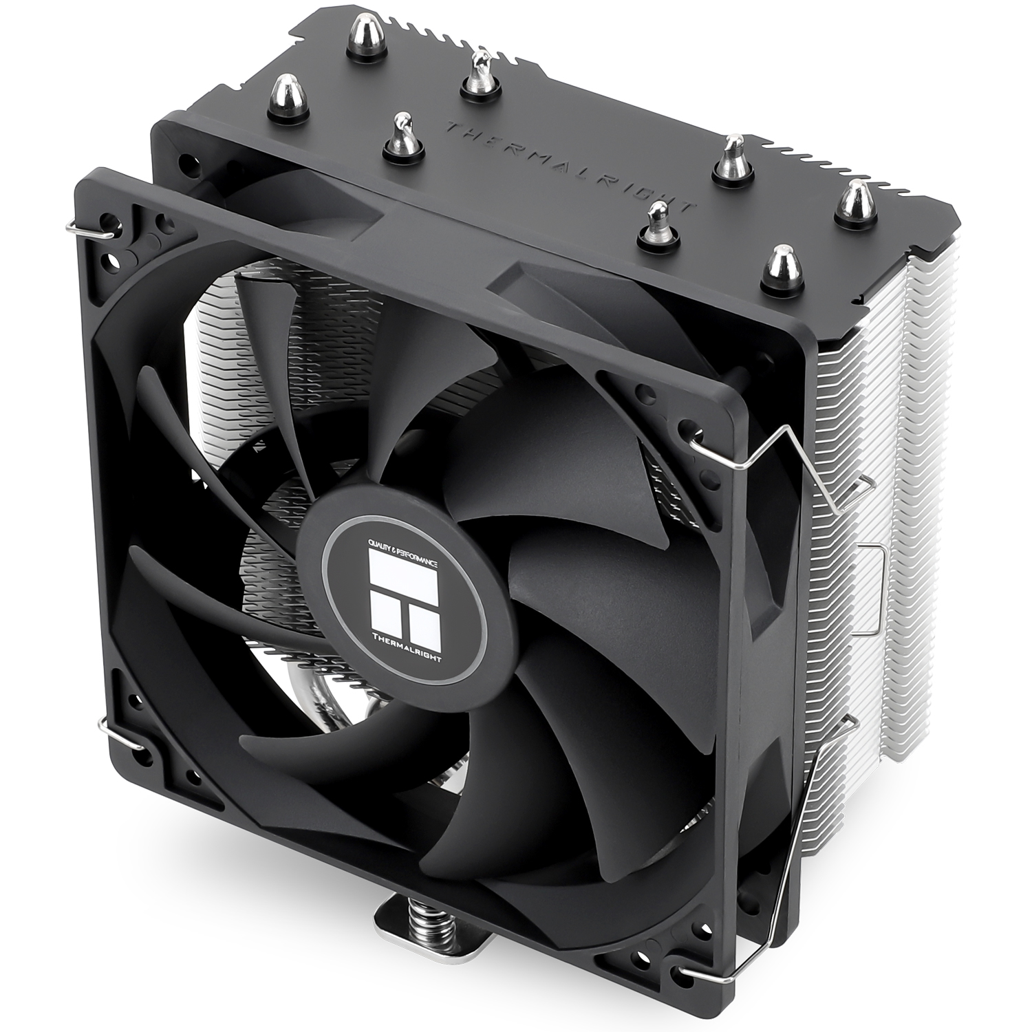 Black CPU cooler with fan. Silver heat sink fins and top screws. THERMALRIGHT logo on fan center.