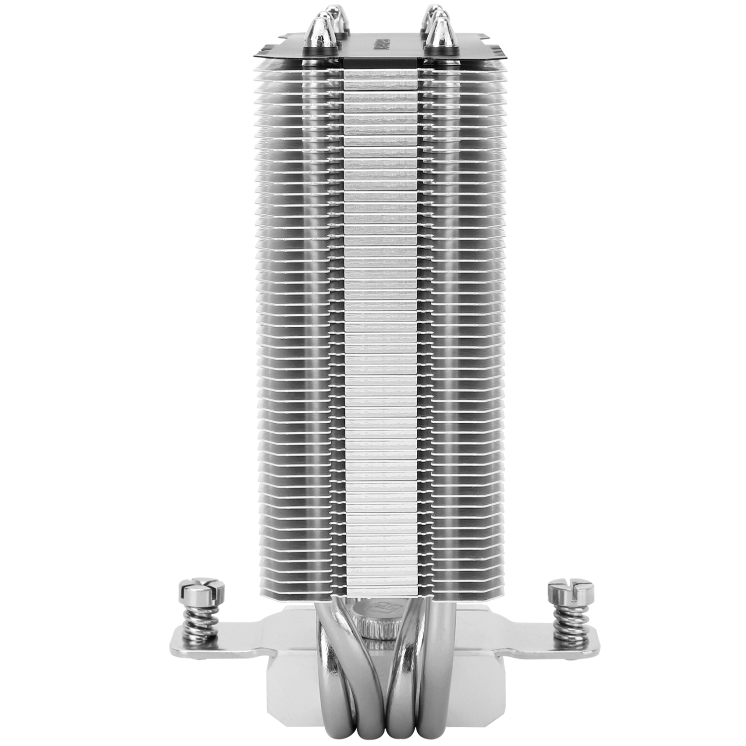 A silver CPU cooler with heat pipes and fins. It has two mounting brackets with screws. The background is white.