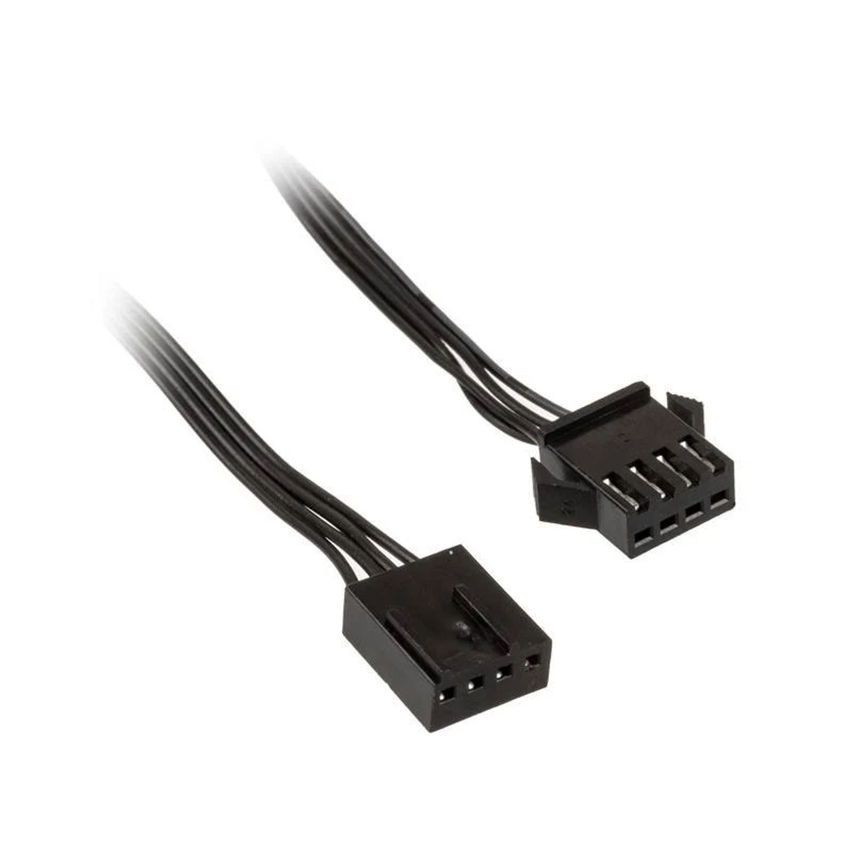 Due connettori neri per ventole del computer con fili neri, su sfondo bianco.