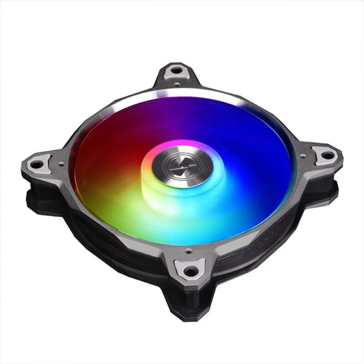 Una ventola per computer con display luminoso arcobaleno. La ventola è nera e argento, con un mozzo centrale e punti di montaggio.