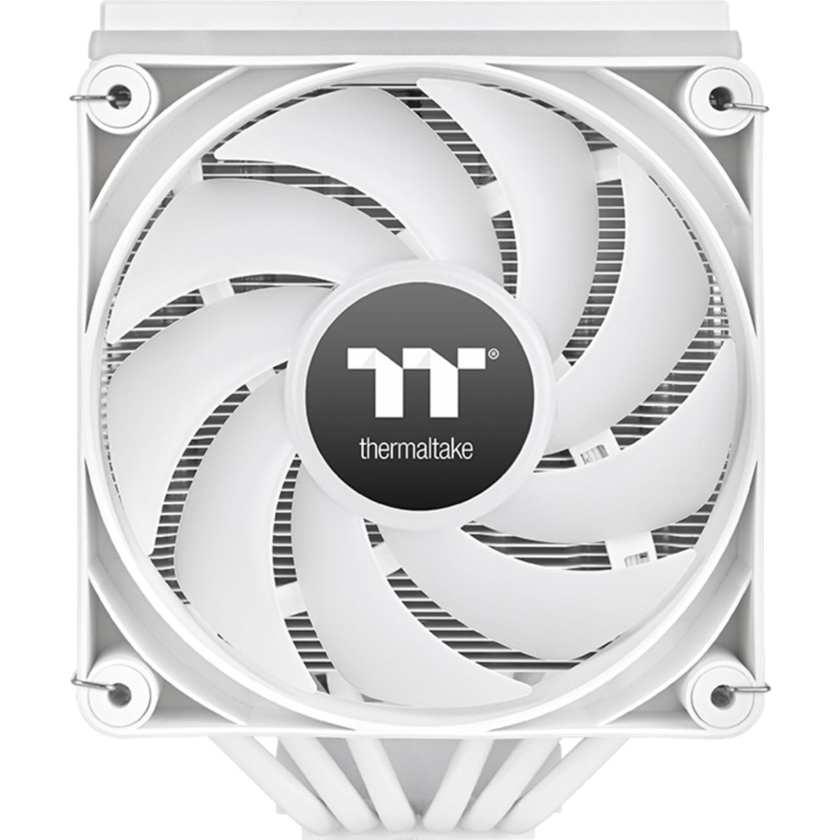 White computer fan with curved blades and a central Thermaltake logo. It's a front-facing shot, showcasing the fan's design.