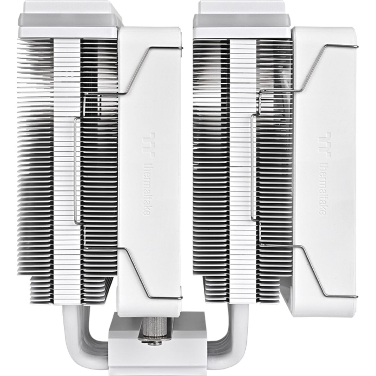 Two white computer CPU coolers with metal fins. The Thermaltake logo is visible. They are on a white background. 