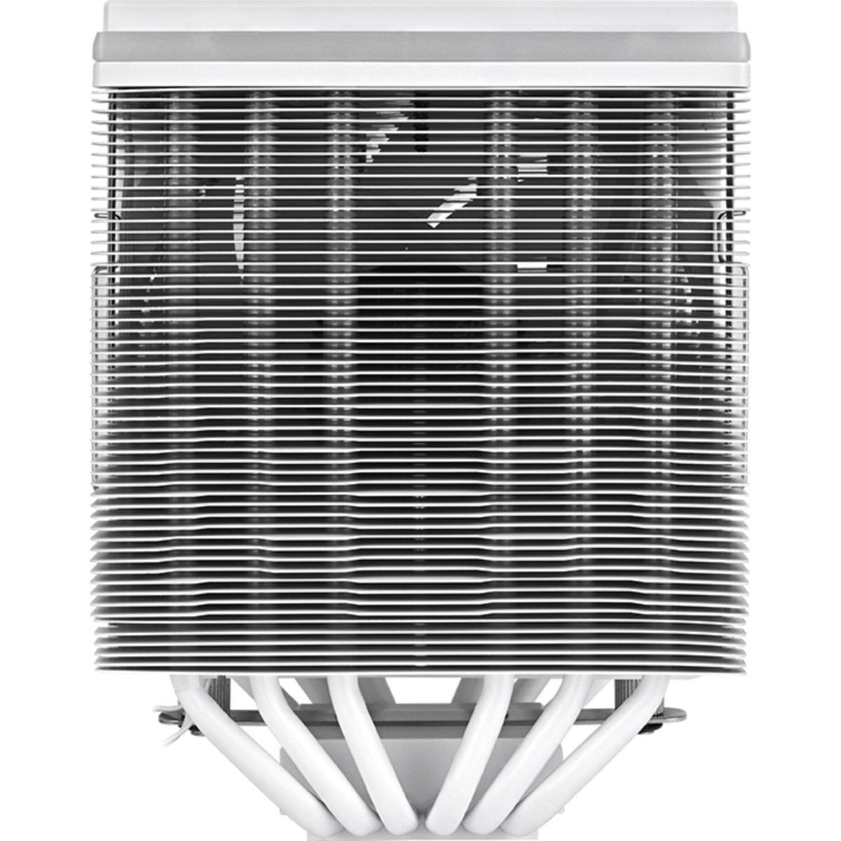 A white and silver CPU cooler. It has many horizontal fins and white tubes at the bottom. The background is white.