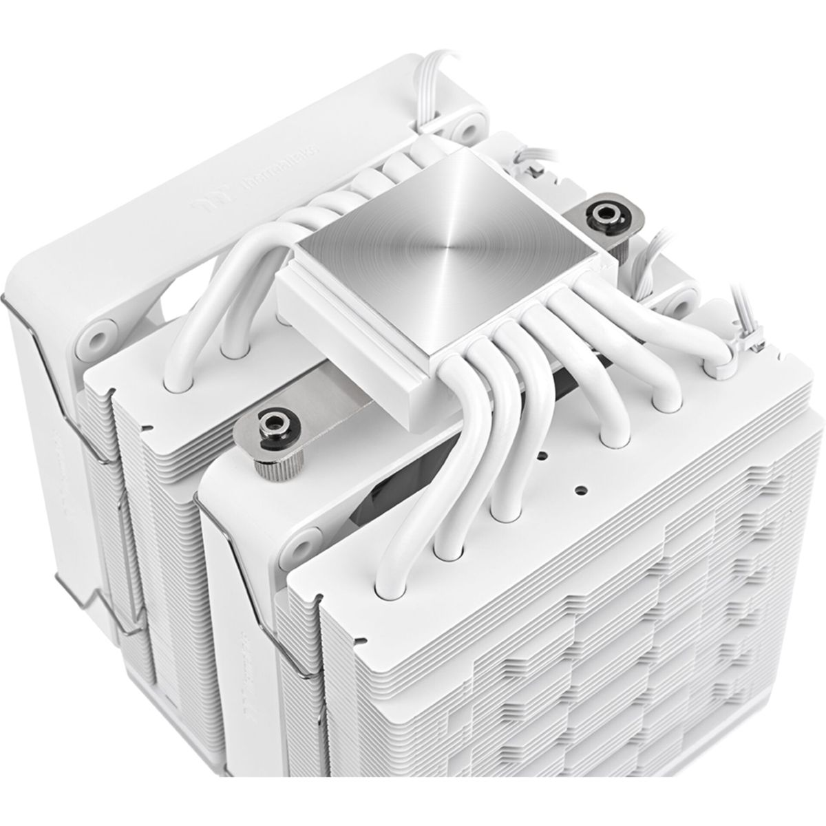 A white CPU cooler with multiple cooling fins and tubes. The top has a silver plate. The cooler is on a white background.