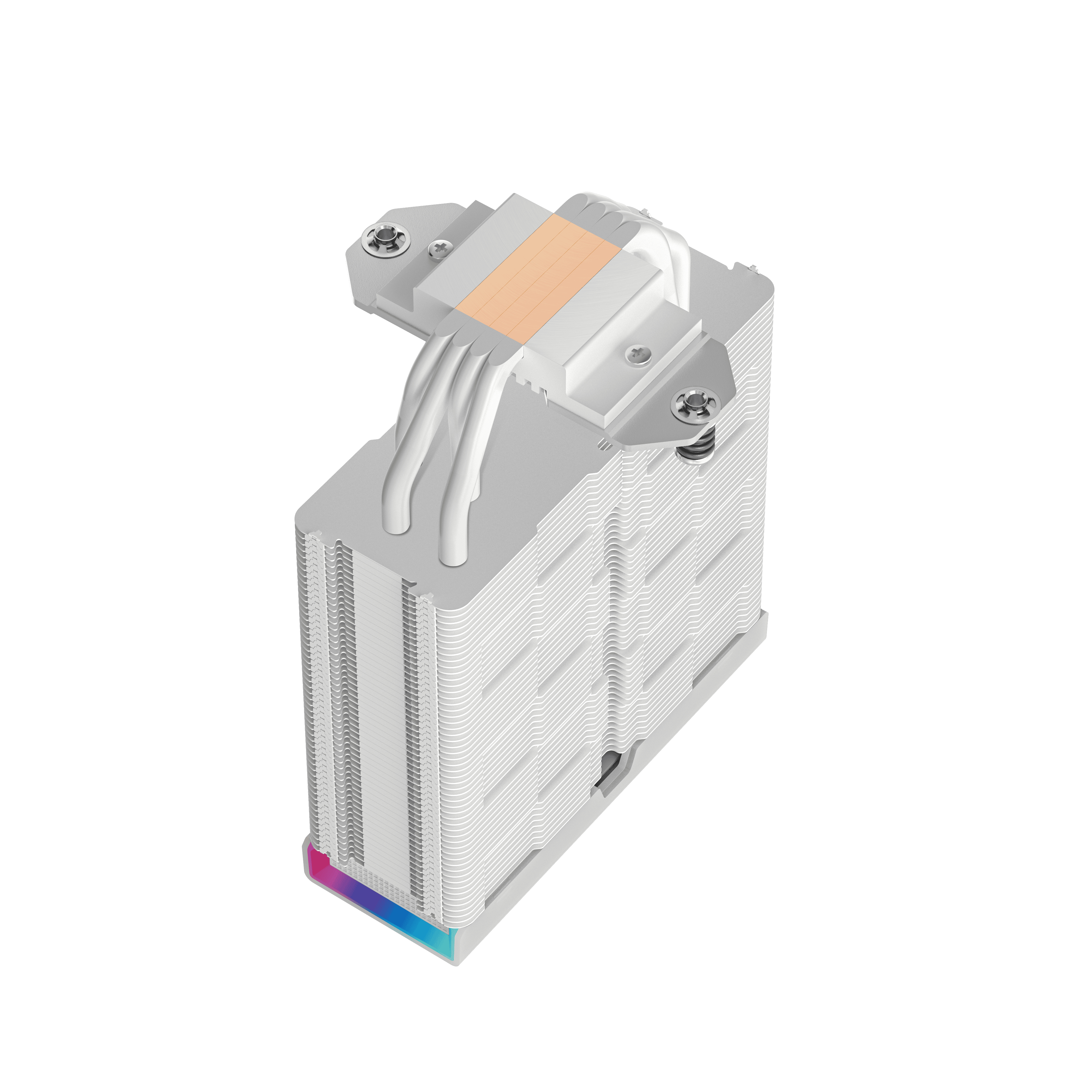 Chłodnica procesora ze srebrnymi żeberkami i miedzianą płytą. Ma białe rurki i śruby. Podstawa ma oświetlenie RGB.