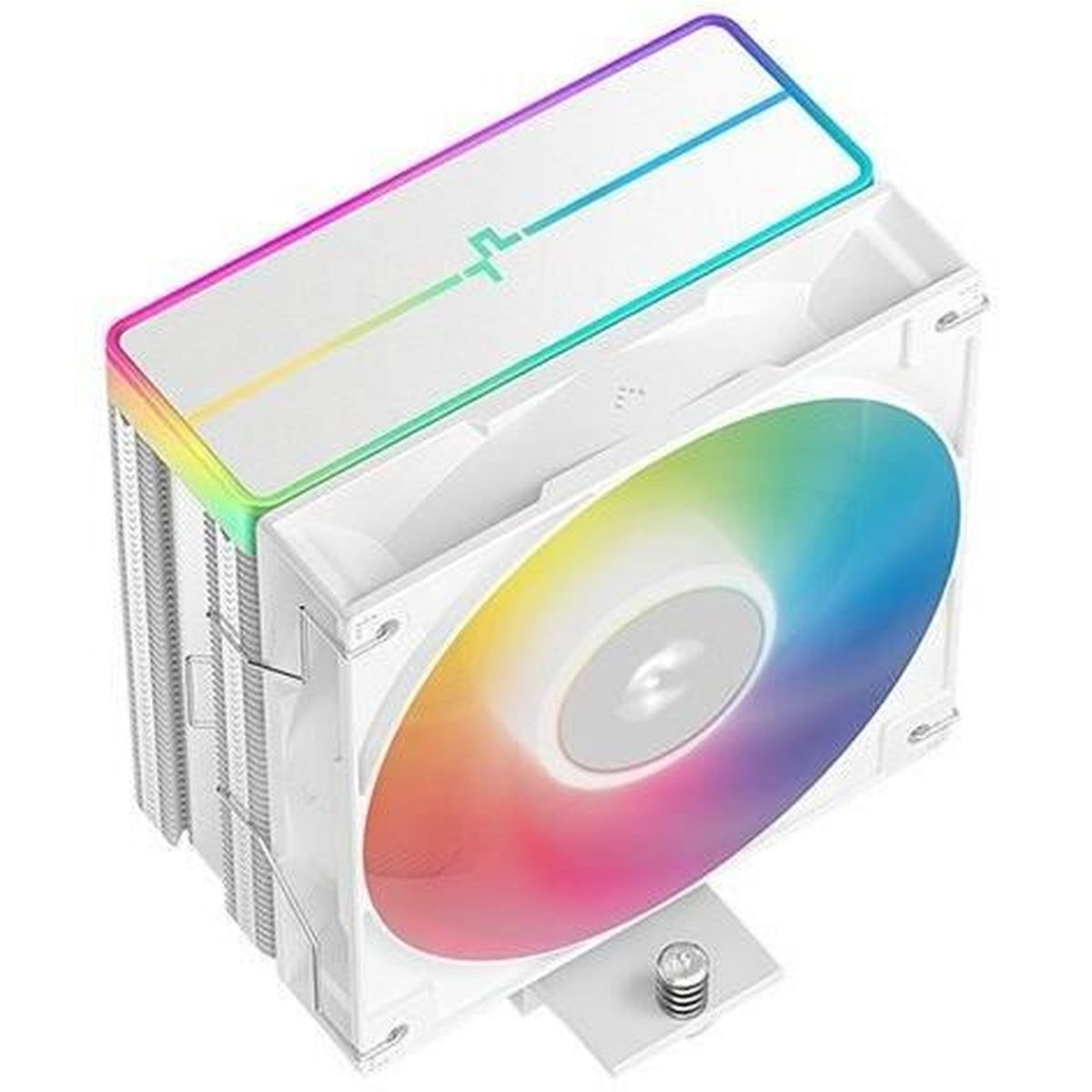 A white CPU cooler with a rainbow fan. The top has a white surface with a rainbow border.
