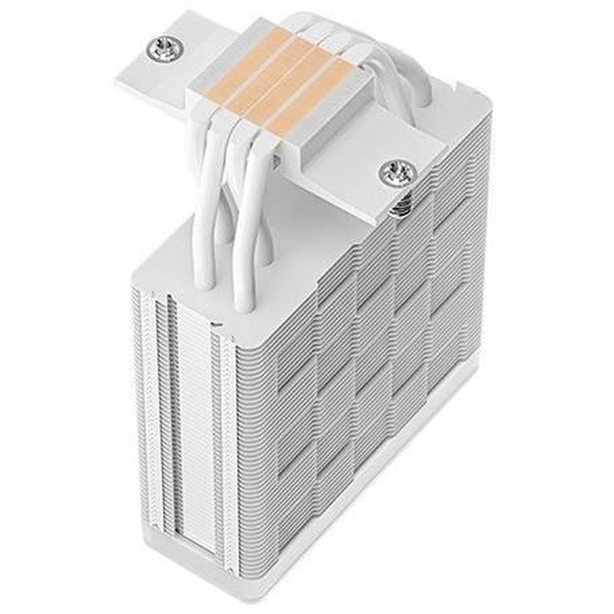 A white CPU cooler with a stack of fins, copper-colored heat pipes, and white tubes. Screws secure the top plate.