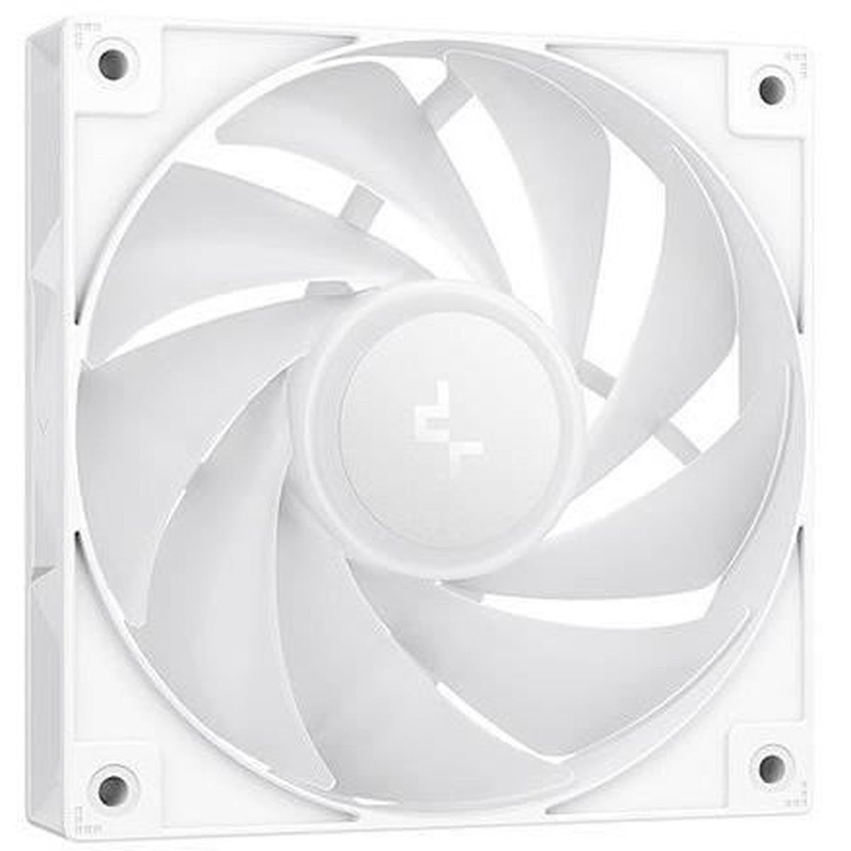 A white computer fan with curved blades is centered. The fan has a square frame with screw holes. The center has a logo.