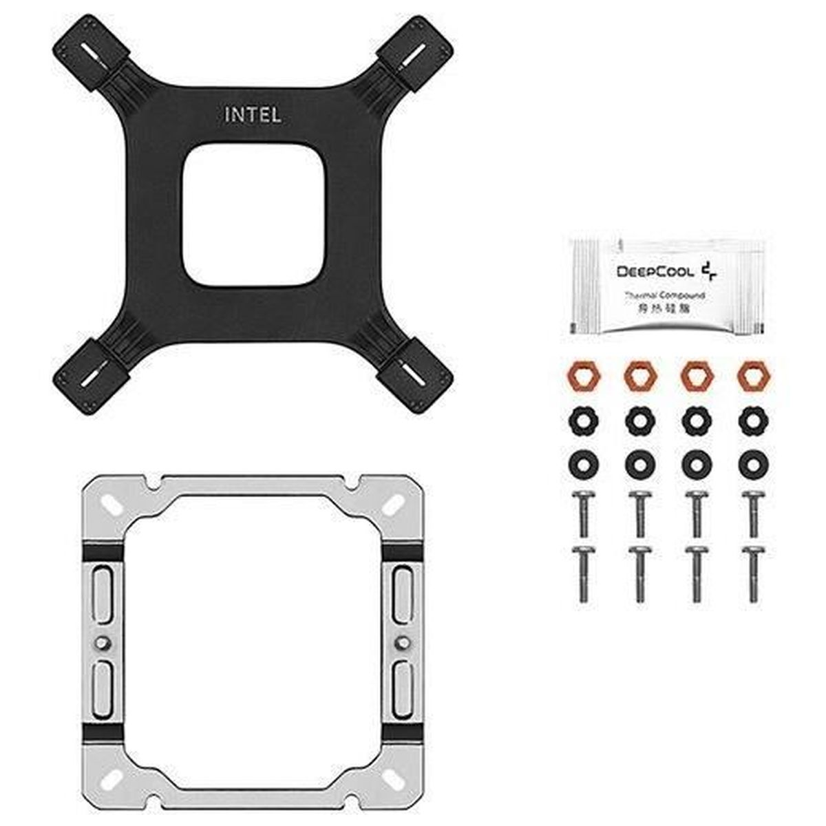 A black Intel bracket, silver frame, thermal compound, copper and black fasteners, and screws are displayed on a white surface.