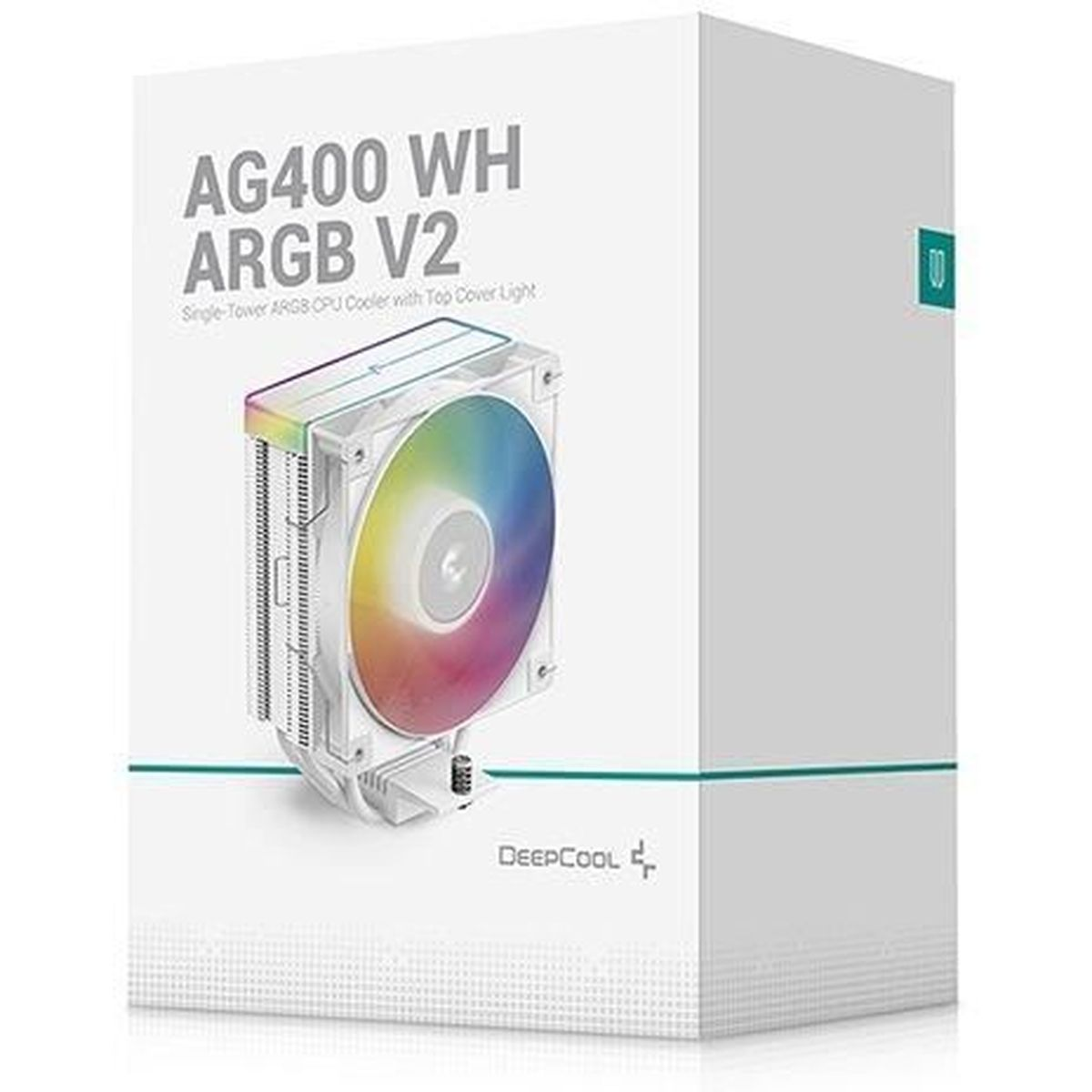 A box with 'AG400 WH ARGB V2' text, featuring a CPU cooler with a multi-colored fan. The box is white with the DeepCool logo.