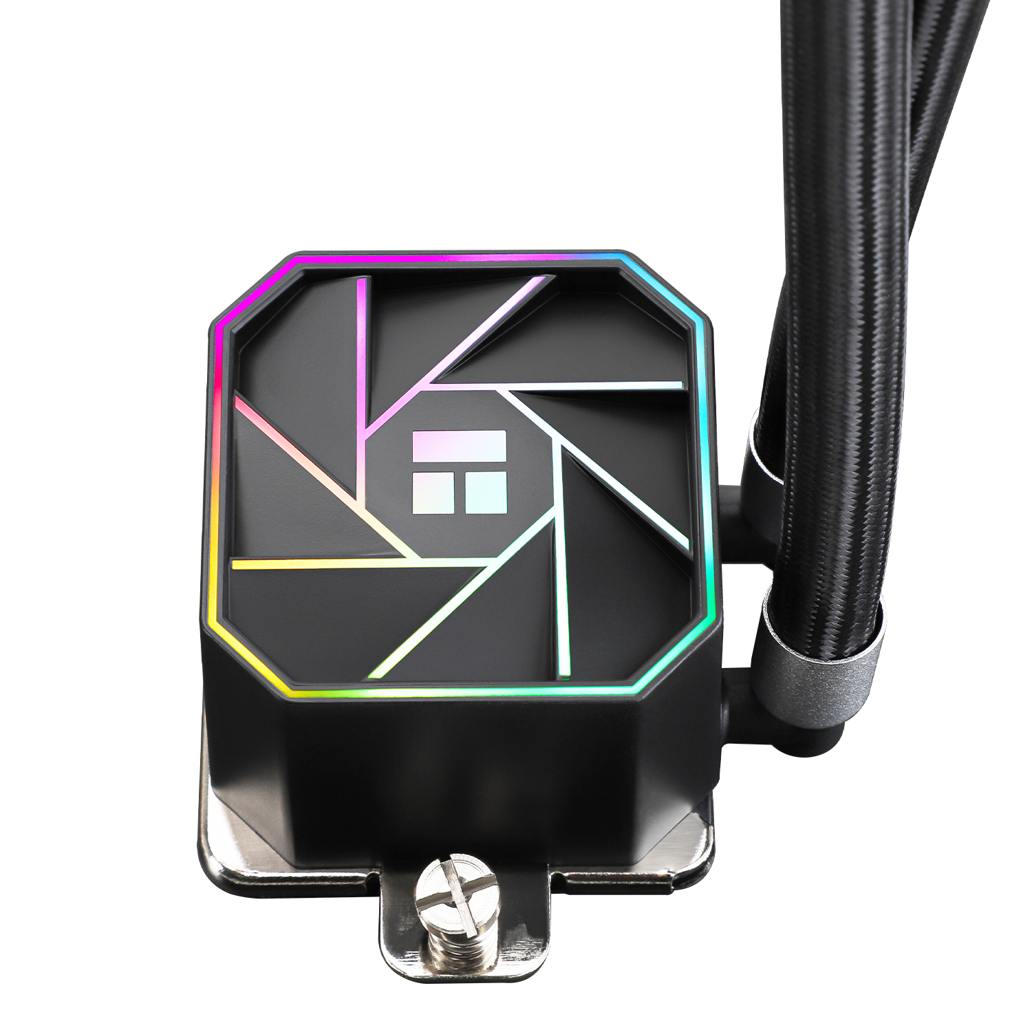 Un dissipatore a liquido per computer nero con cornice e logo a LED colorati. Sono collegati due tubi neri.