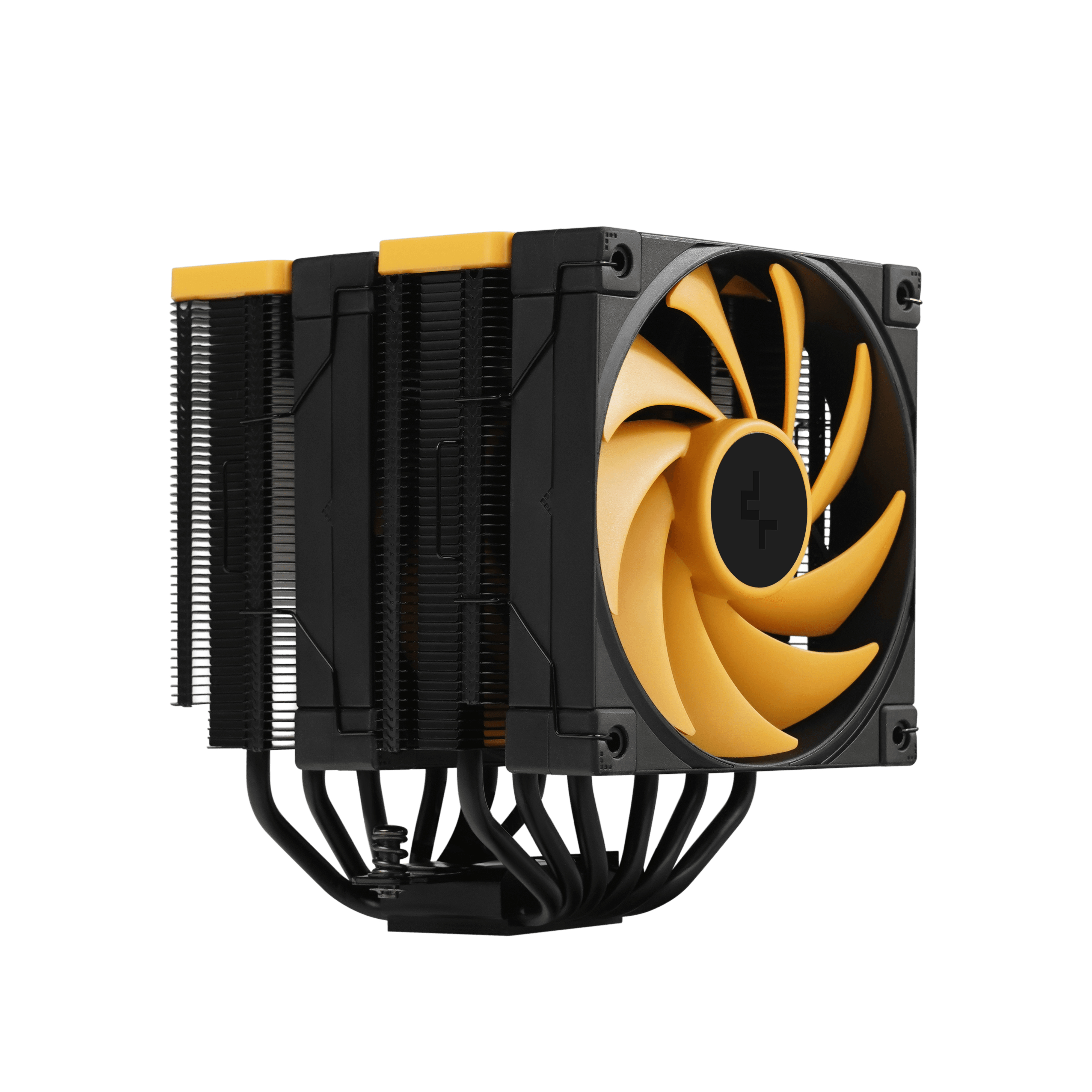 Refroidisseur de CPU noir et jaune avec ventilateur. Lames et dissipateurs thermiques jaunes et noirs. Isolé sur fond blanc.