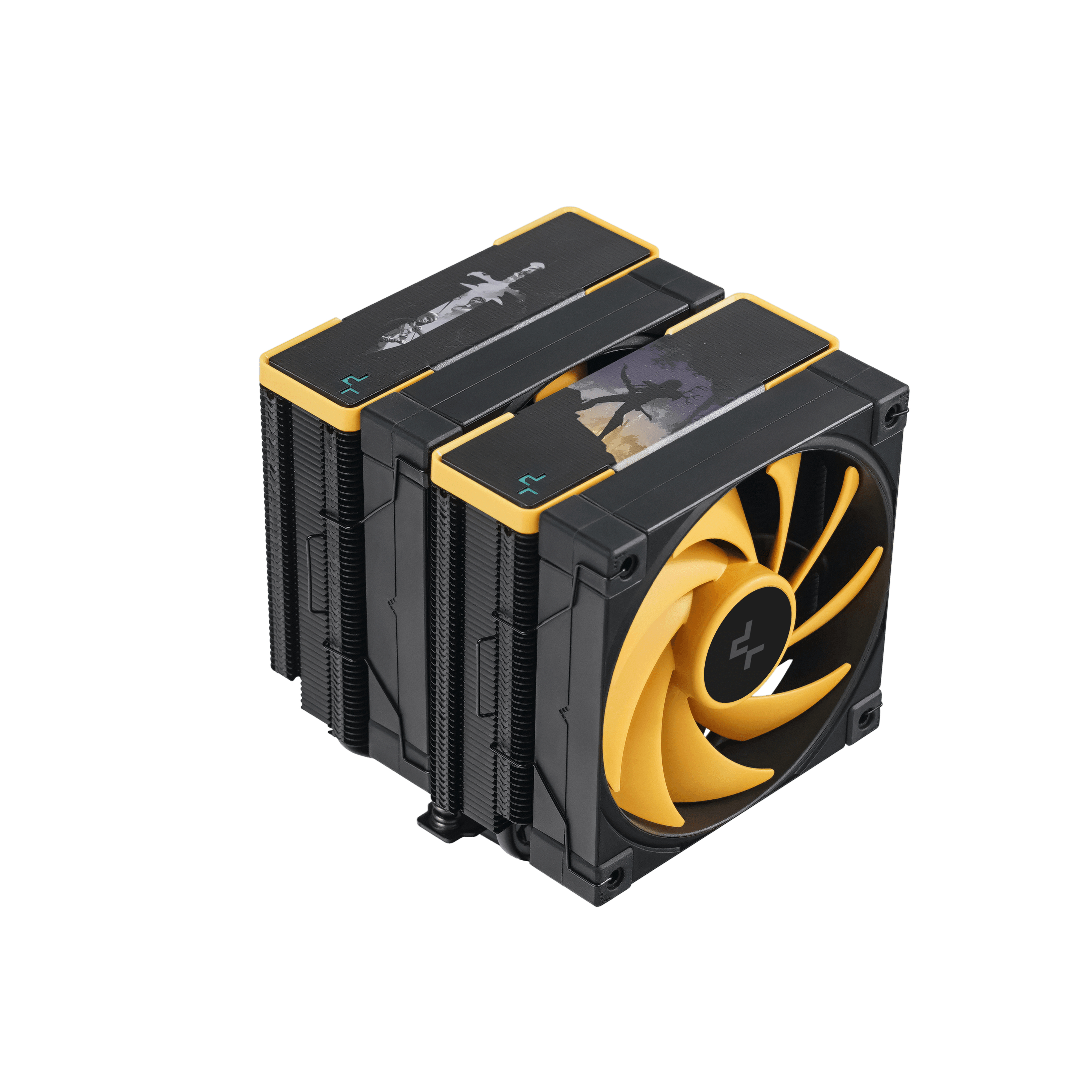 Un refroidisseur de CPU noir et jaune sur fond blanc, avec un design complexe et des pales de ventilateur.