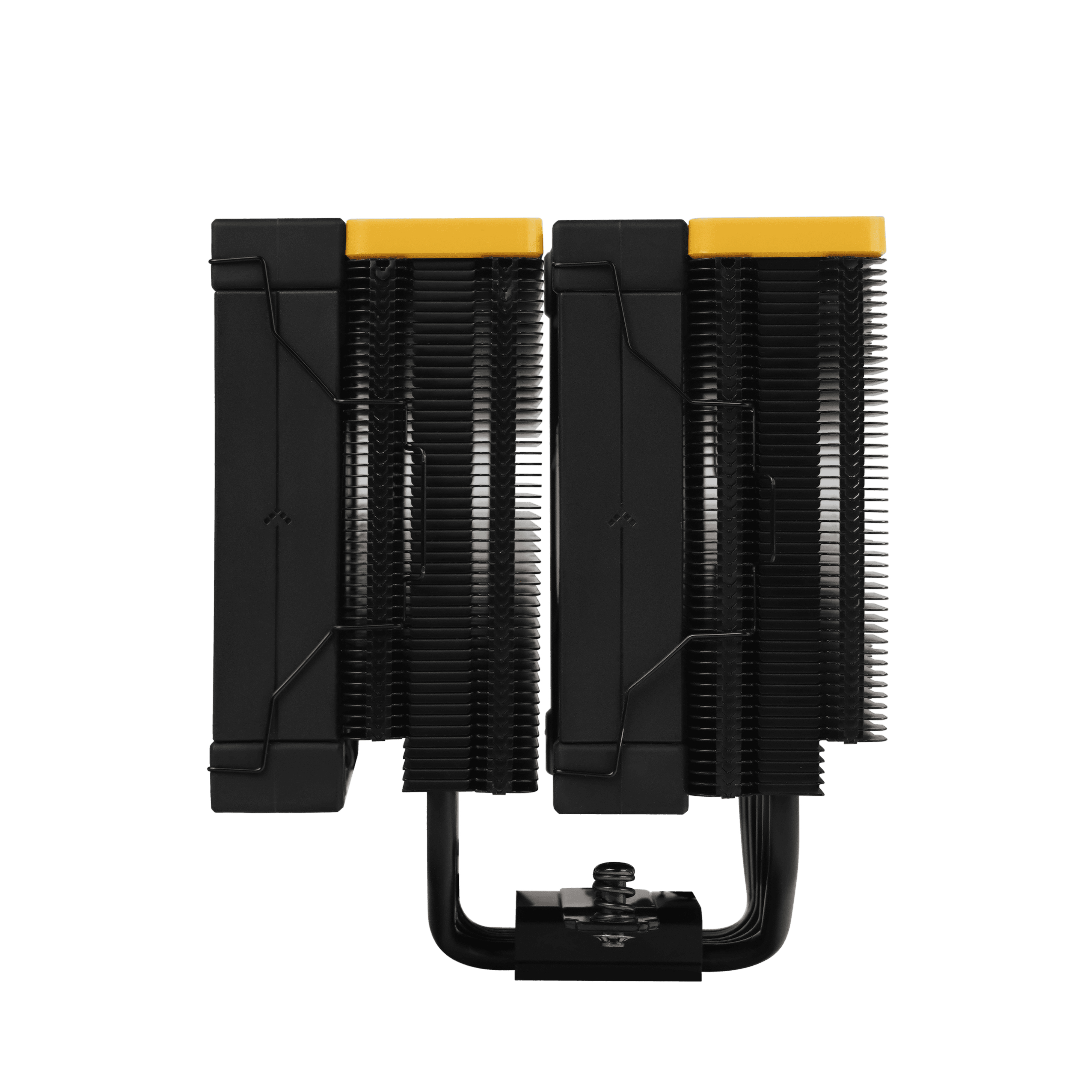 Refroidisseur de CPU noir avec dessus jaune. Il possède de nombreuses ailettes de refroidissement et une base. Isolé sur fond blanc.