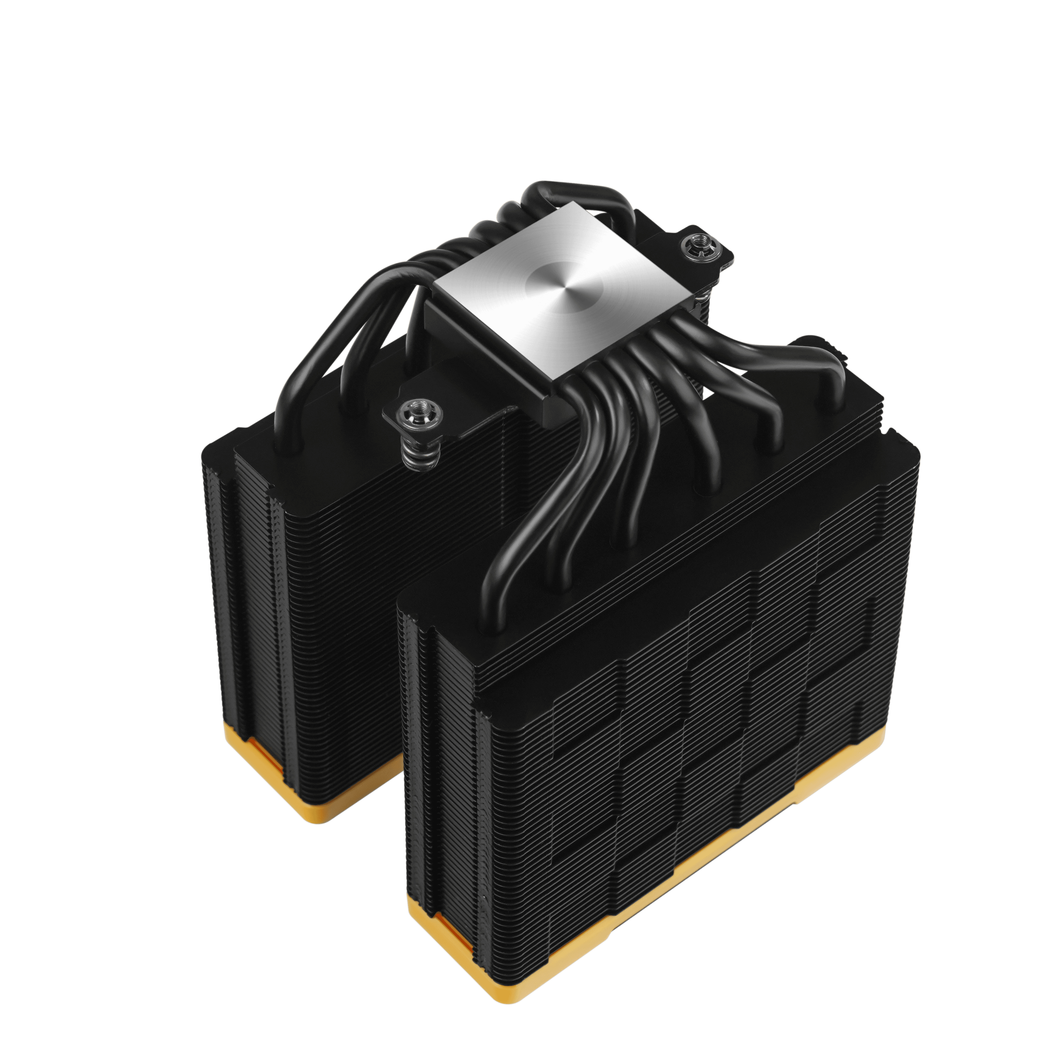 Un refroidisseur de CPU noir et argenté avec caloducs, ailettes et une base sur fond blanc.